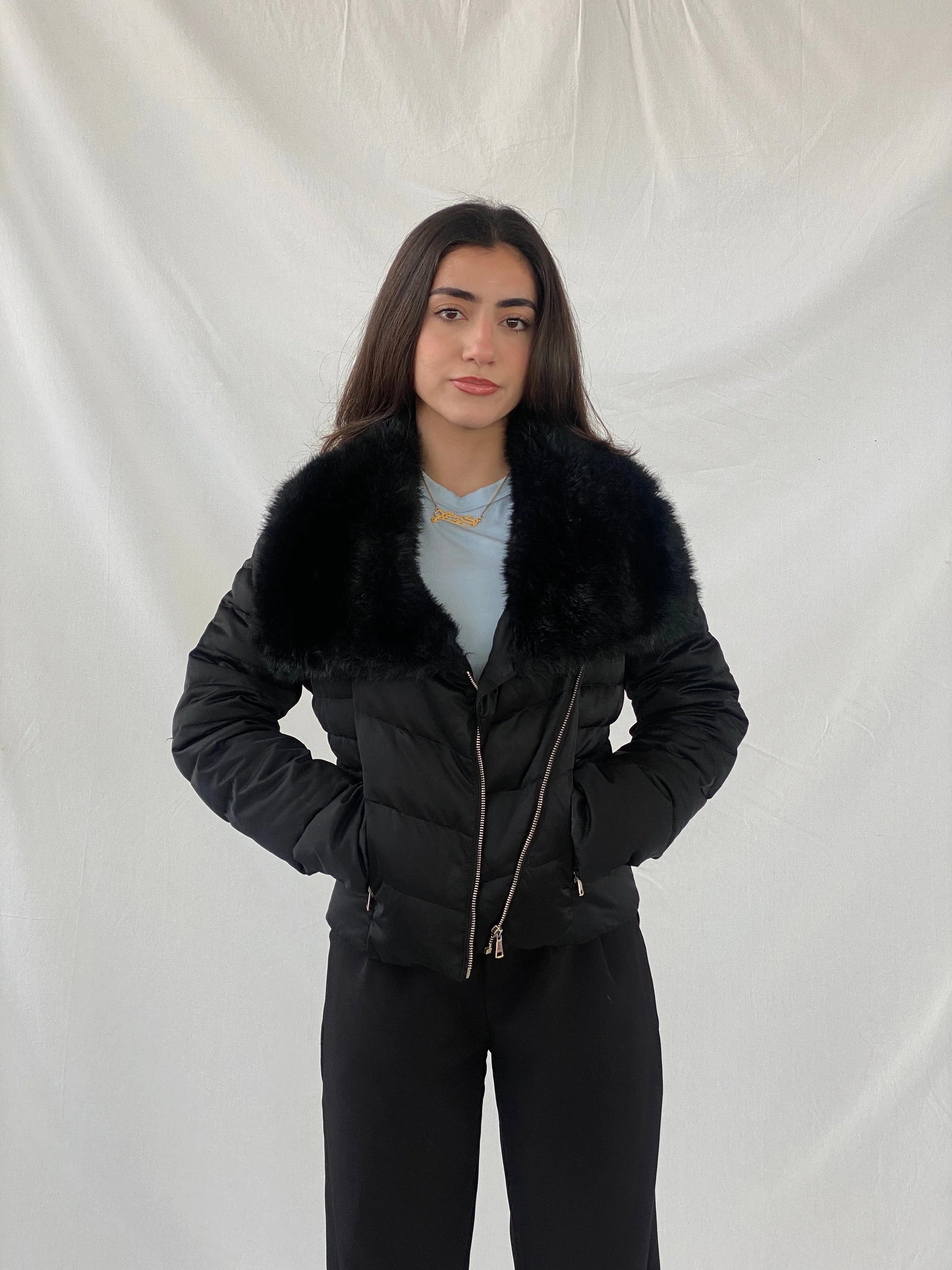 Bebe Black Exaggerated Faux Fur Collar Fitted Puffer Jacket - M - Balagan Vintage Puffer Jacket 90s, Christine, Coats&Jackets, consignment, faux fur, Janan, puffer jacket, winter, Women's Windbreaker Jackets