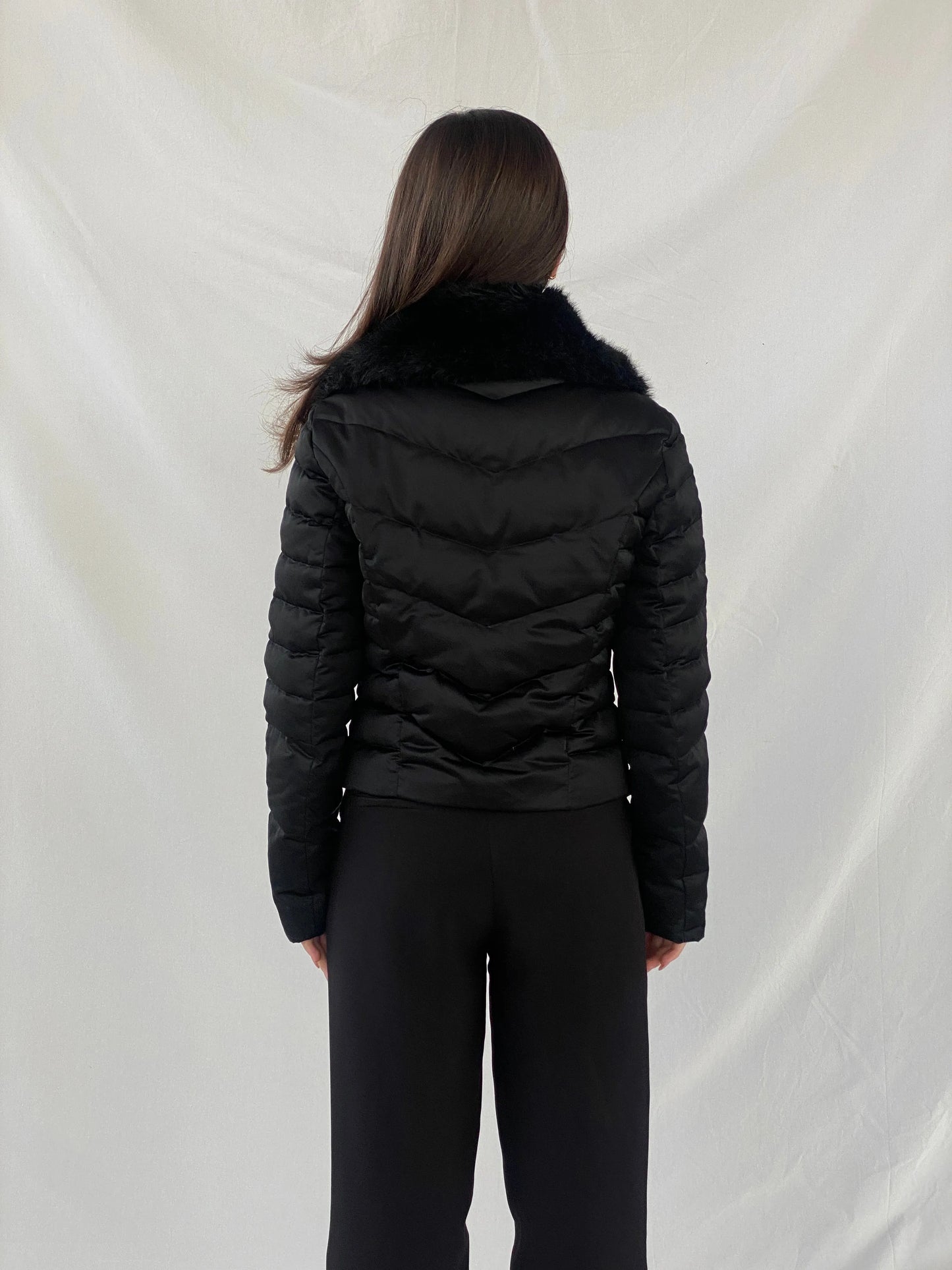 Bebe Black Exaggerated Faux Fur Collar Fitted Puffer Jacket - M - Balagan Vintage Puffer Jacket 90s, Christine, Coats&Jackets, consignment, faux fur, Janan, puffer jacket, winter, Women's Windbreaker Jackets