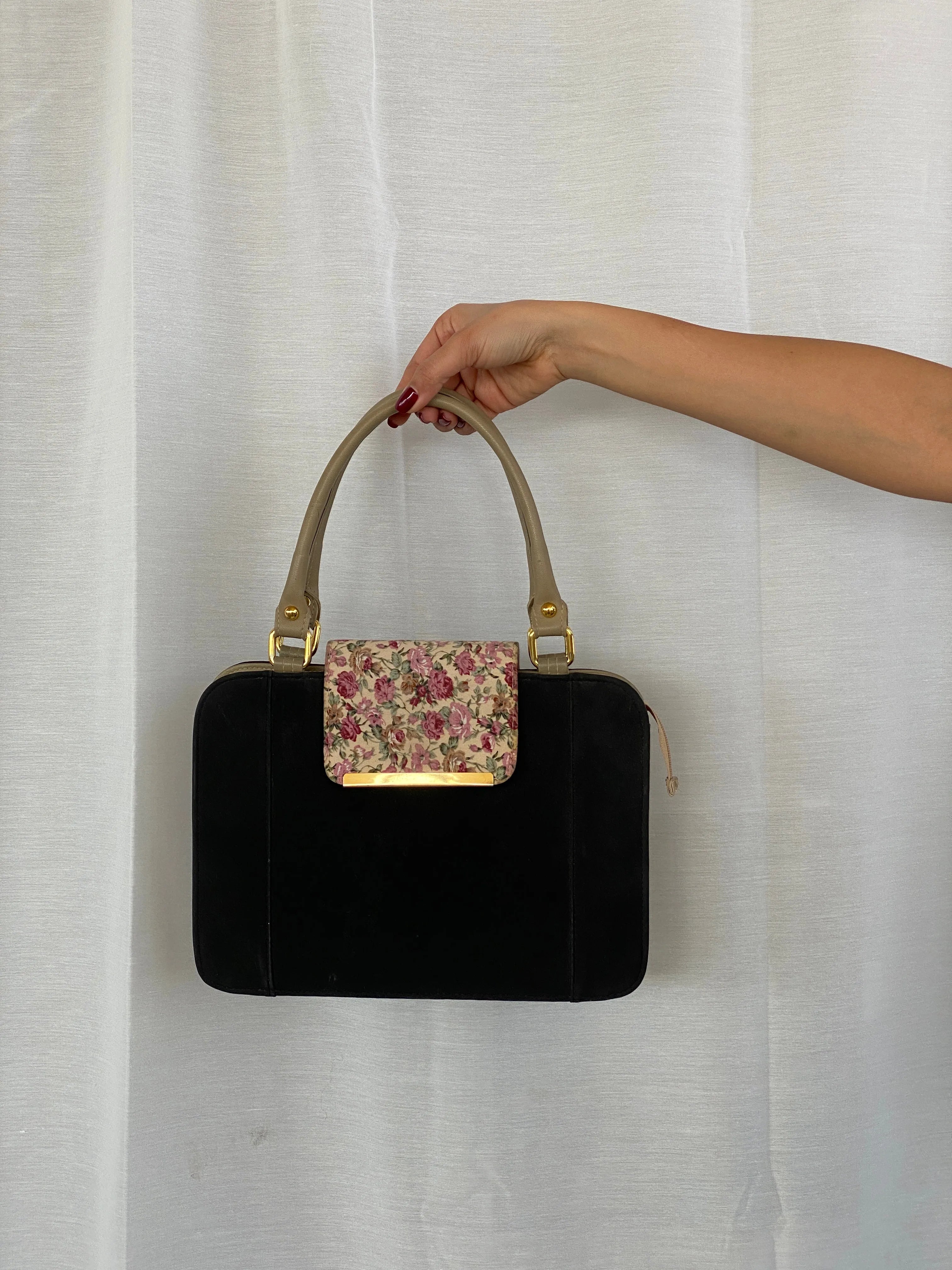Black Canvas Beige Leather Handles Floral Closure Handbag - Balagan Vintage Shoulder Bag 00s, bag, consignment, handbag, Tasnim