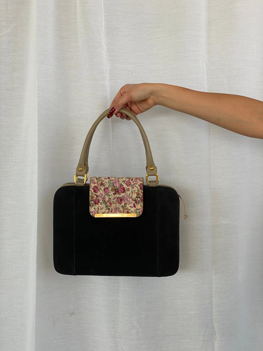 Black Canvas Beige Leather Handles Floral Closure Handbag - Balagan Vintage Shoulder Bag 00s, bag, consignment, handbag, Tasnim