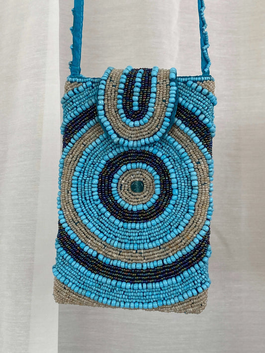 Blue Beaded Crossbody Bag Phone Holder - Balagan Vintage Cross Body Bag 00s, 90s, bag, beach bag, beaded, beaded bag