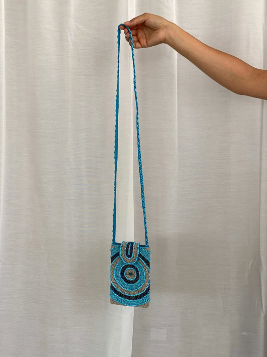 Blue Beaded Crossbody Bag Phone Holder - Balagan Vintage Cross Body Bag 00s, 90s, bag, beach bag, beaded, beaded bag