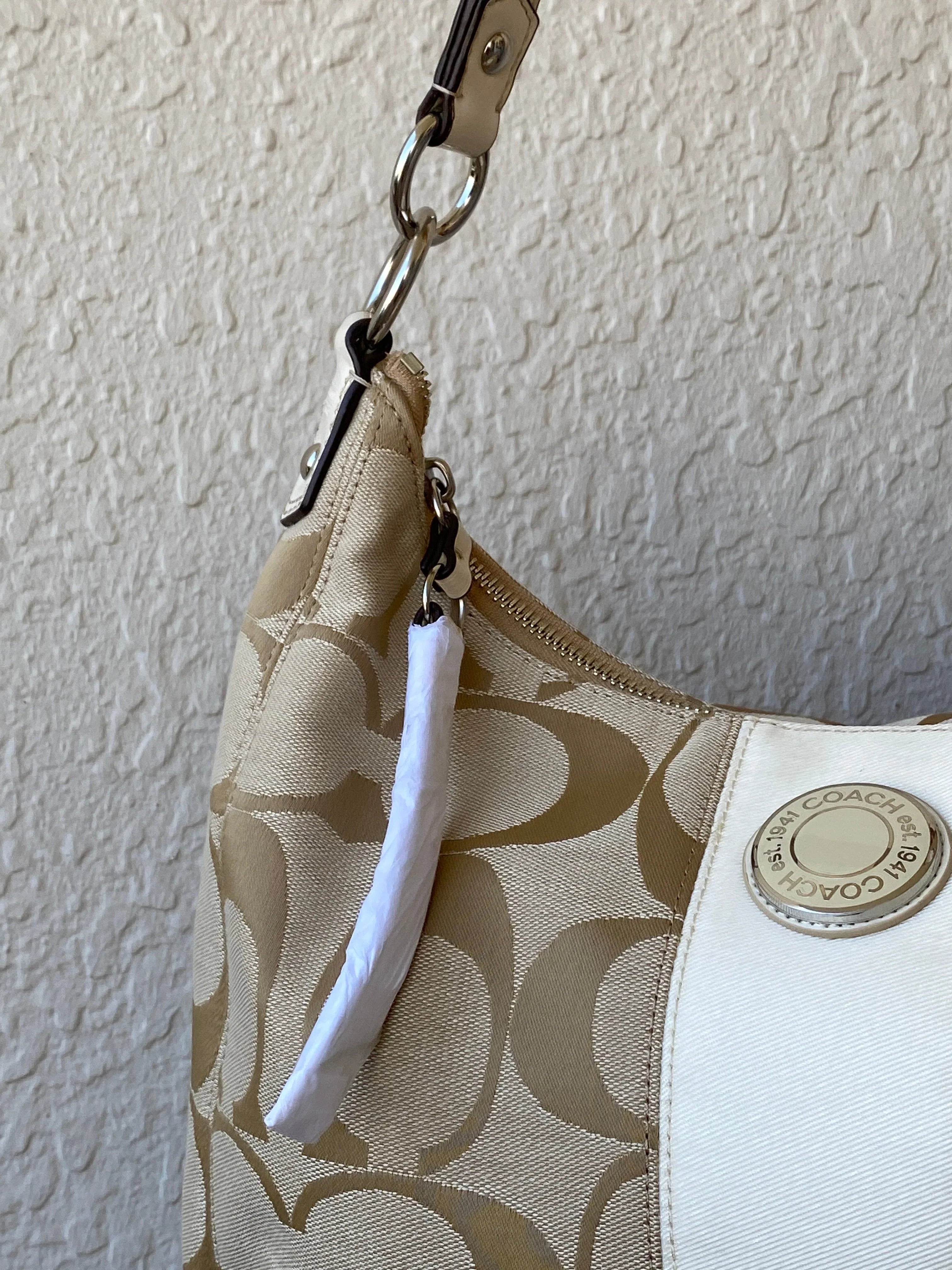 Brand New Coach Signature C Beige Jacquard Canvas Monogram White Stripe Convertible Hobo Shoulder Bag - F19281 - Balagan Vintage Shoulder Bag 00s, 90s, bag, Coach Bag, consignment, Hamza Abdeen, NEW IN, New With Tags, shoulder bag, Y2K