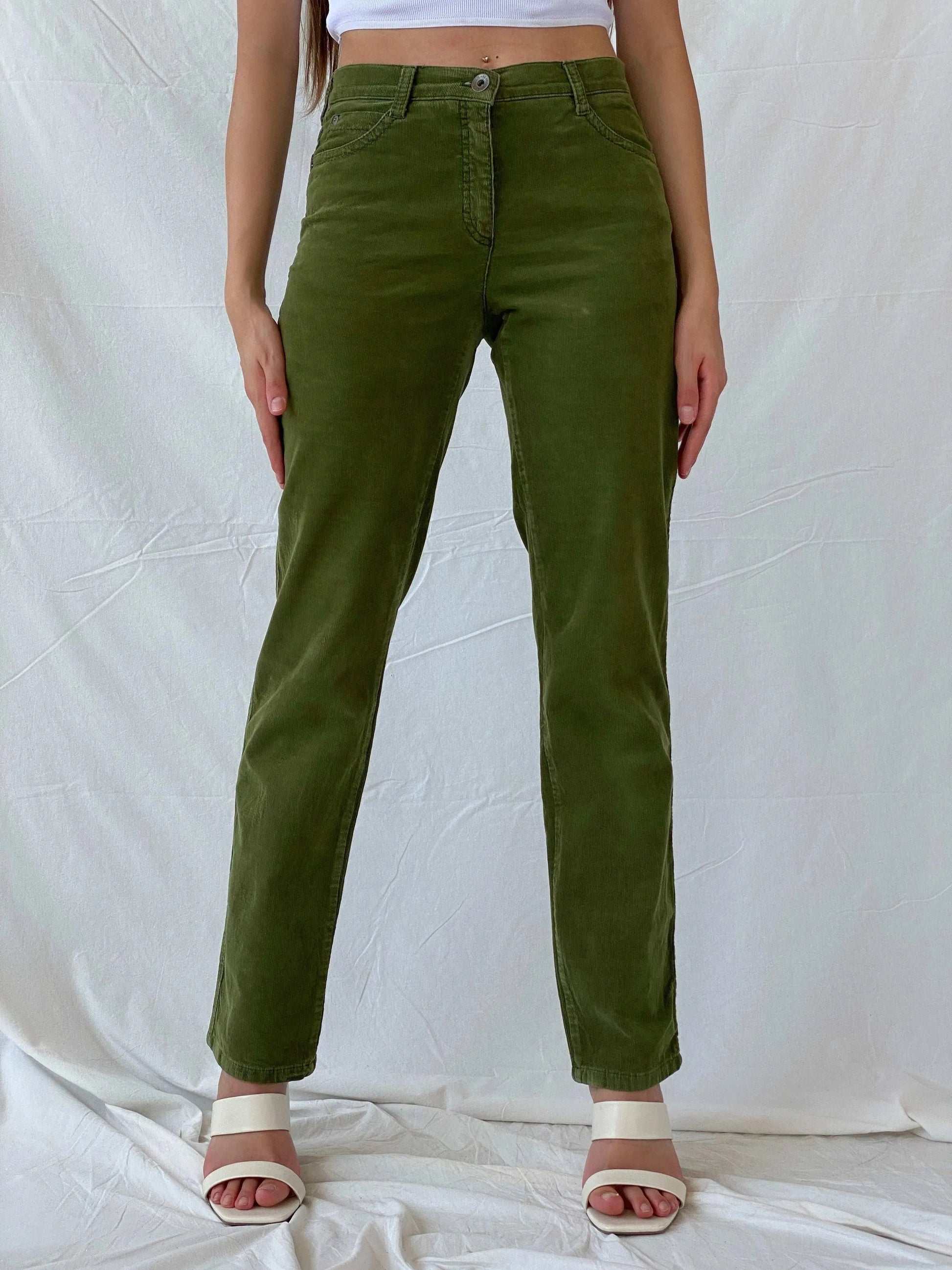 BRAX Carola Green Straight Cut High Rise Corduroy Pants - Balagan Vintage 00s, corduroy pants, Deals, Mira, pants, vintage pants