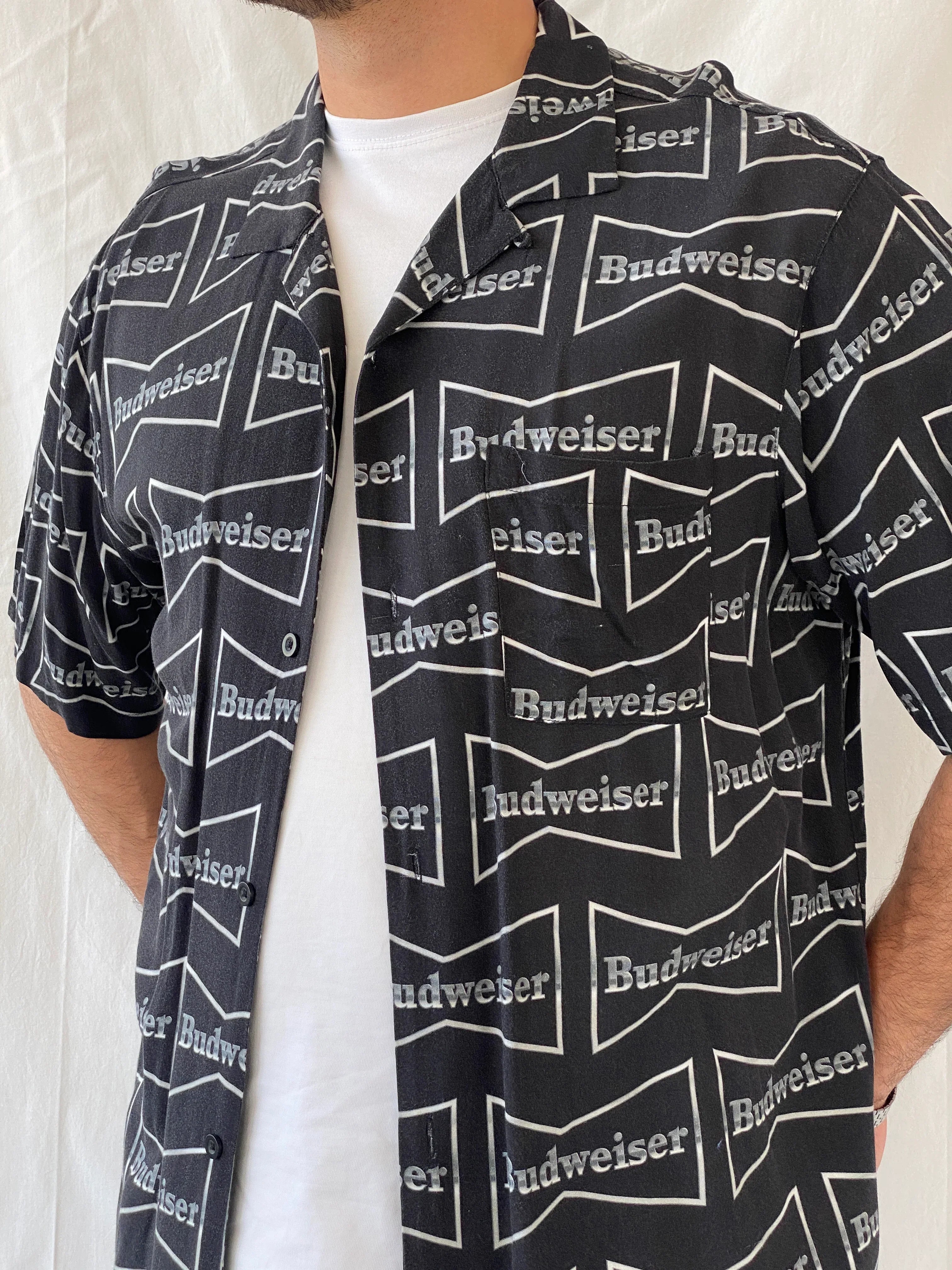 Budweiser Black Men’s Short Sleeve Rayon Shirt - L - Balagan Vintage Half Sleeve Shirt 90s, half sleeve shirt, Hawaiian shirt, mens shirt, NEW IN, printed shirt, Ramez, silk
