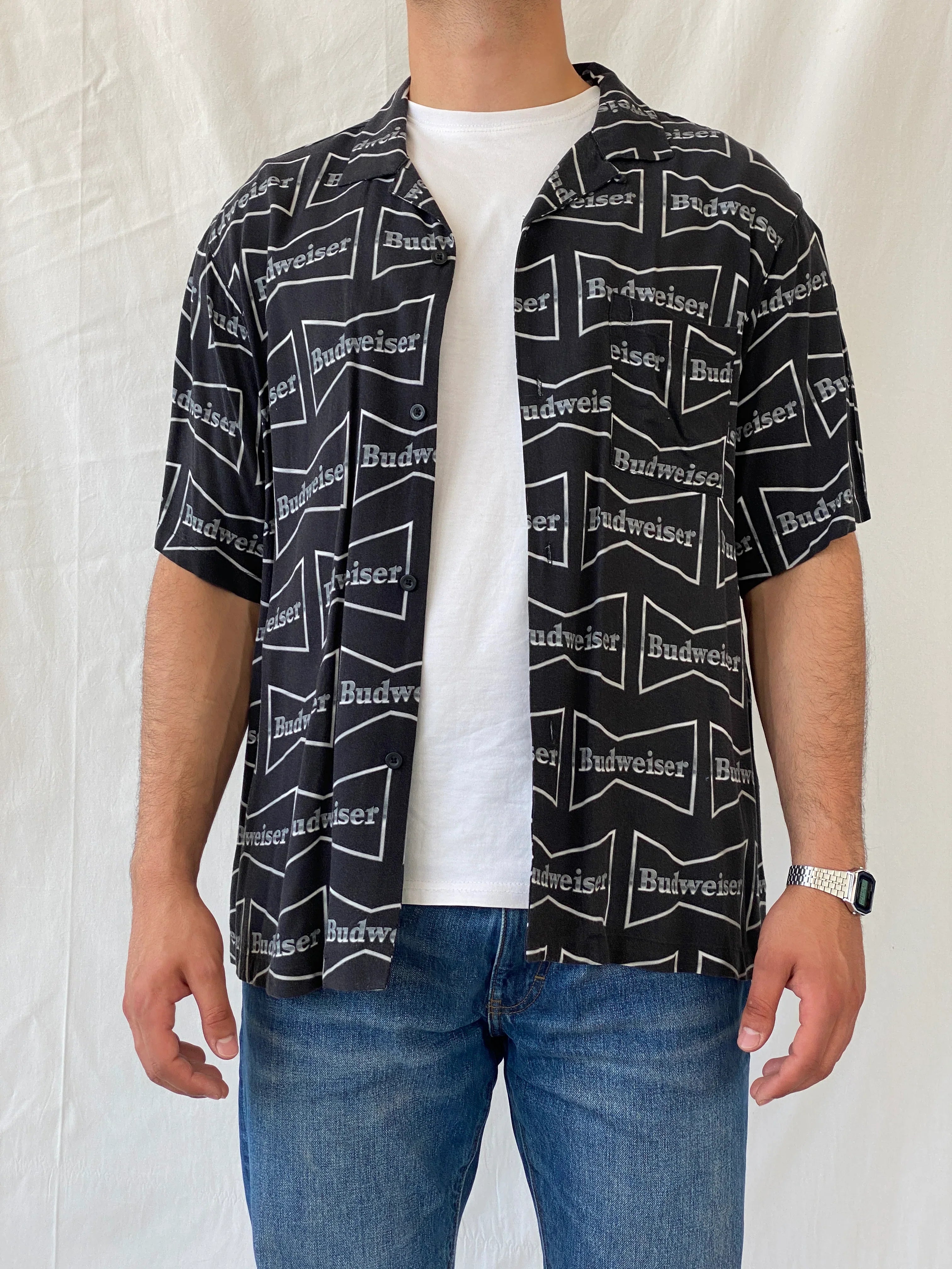 Budweiser Black Men’s Short Sleeve Rayon Shirt - L - Balagan Vintage Half Sleeve Shirt 90s, half sleeve shirt, Hawaiian shirt, mens shirt, NEW IN, printed shirt, Ramez, silk