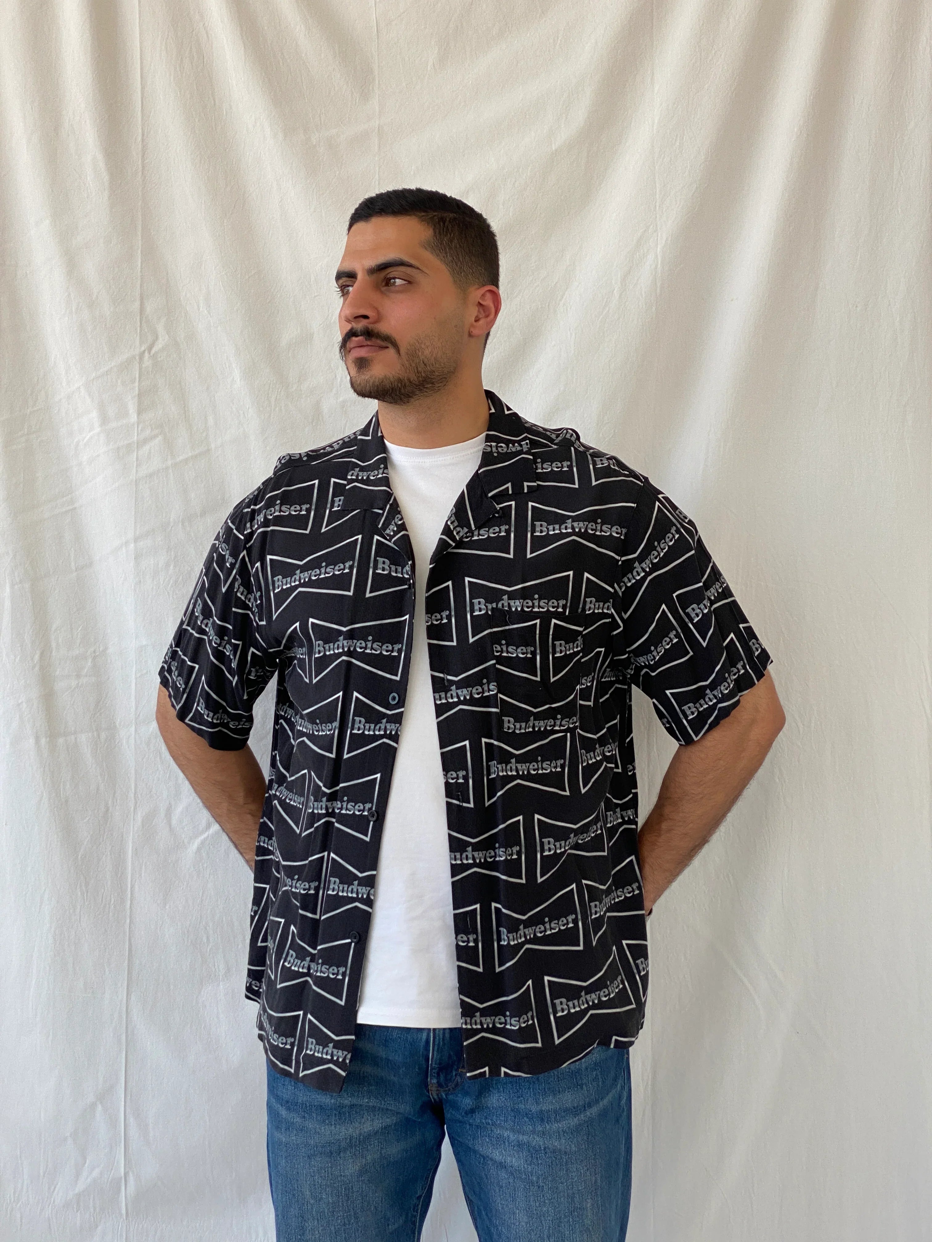Budweiser Black Men’s Short Sleeve Rayon Shirt - L - Balagan Vintage Half Sleeve Shirt 90s, half sleeve shirt, Hawaiian shirt, mens shirt, NEW IN, printed shirt, Ramez, silk