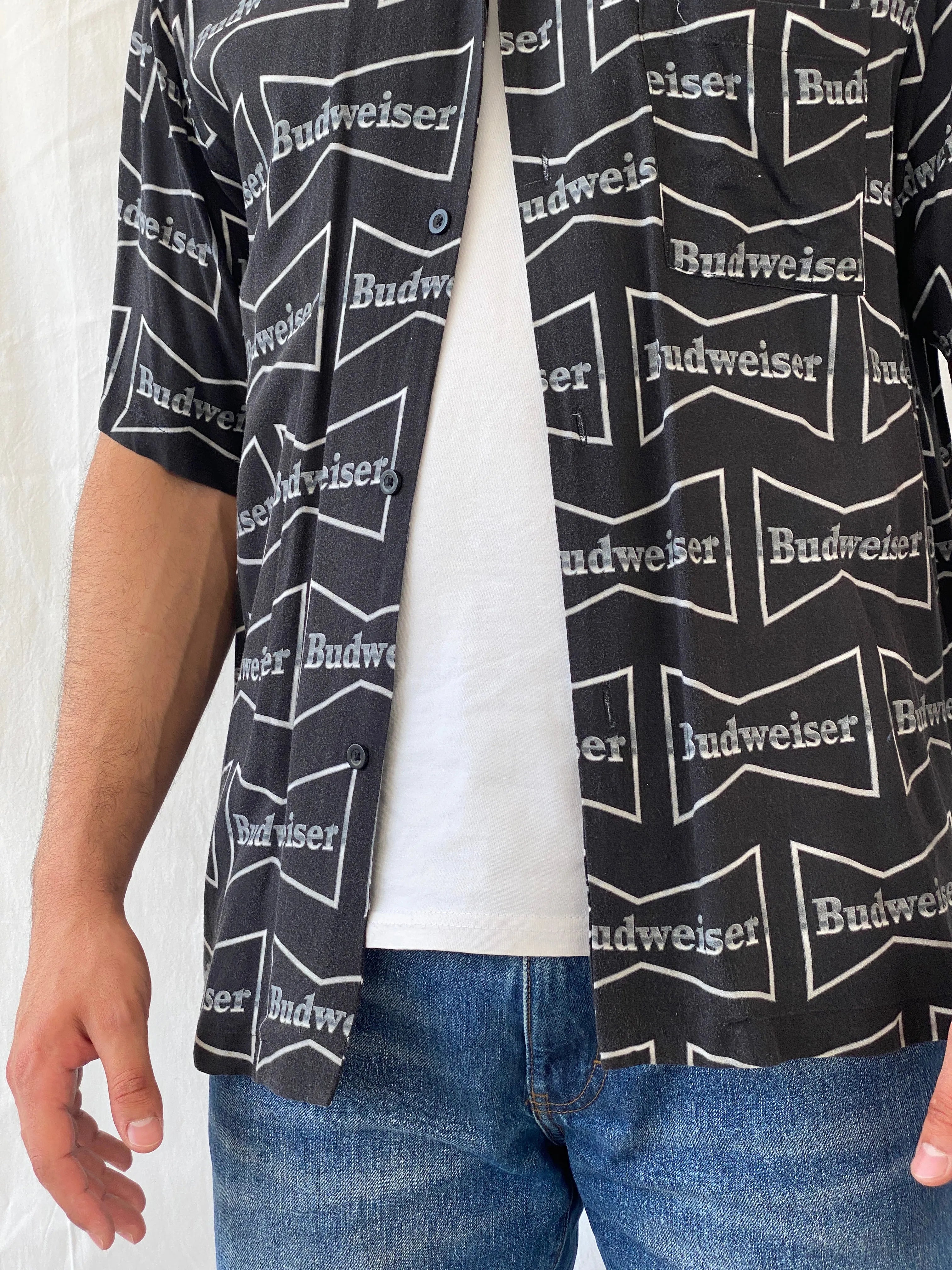 Budweiser Black Men’s Short Sleeve Rayon Shirt - L - Balagan Vintage Half Sleeve Shirt 90s, half sleeve shirt, Hawaiian shirt, mens shirt, NEW IN, printed shirt, Ramez, silk