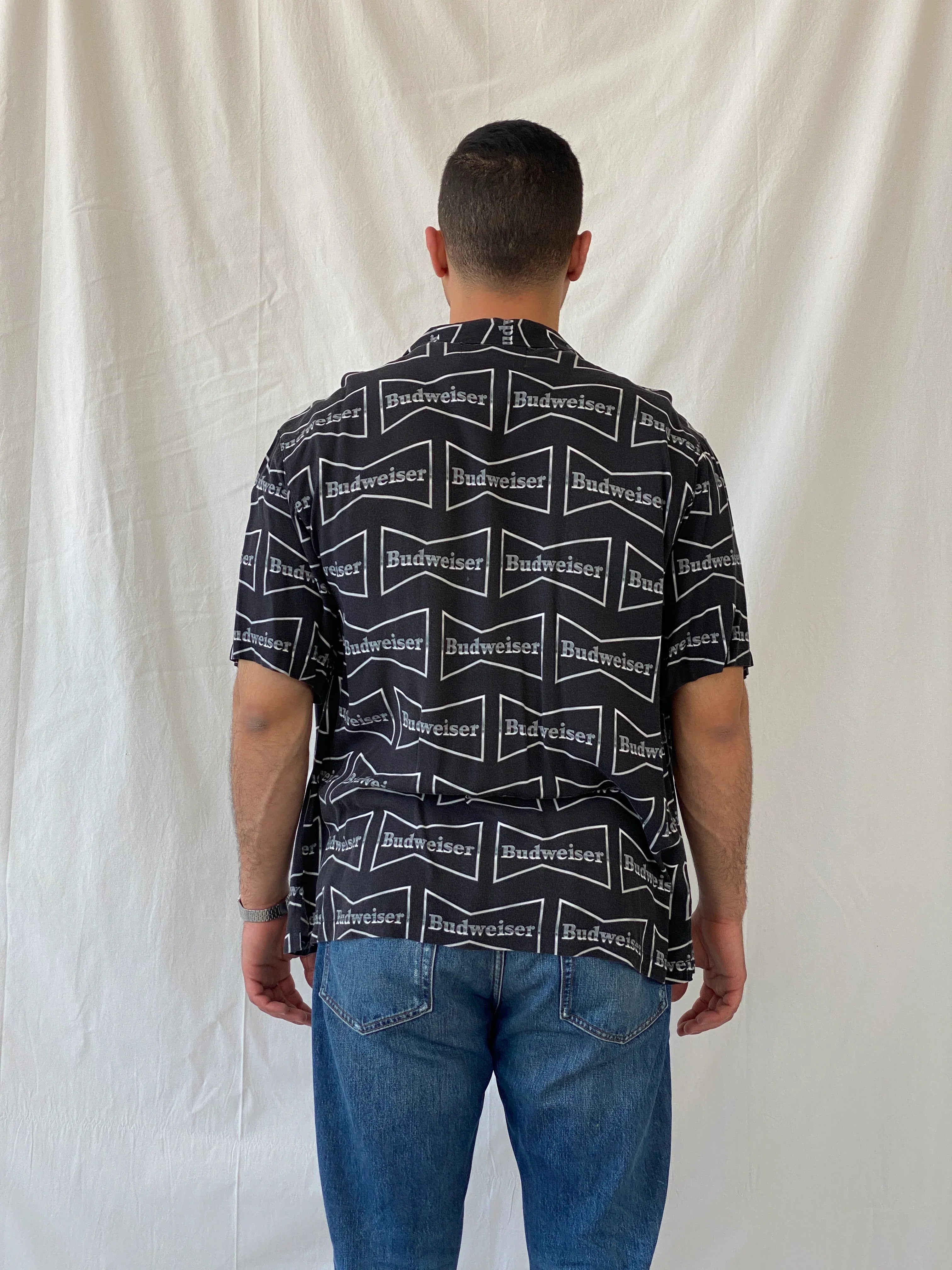 Budweiser Black Men’s Short Sleeve Rayon Shirt - L - Balagan Vintage Half Sleeve Shirt 90s, half sleeve shirt, Hawaiian shirt, mens shirt, NEW IN, printed shirt, Ramez, silk