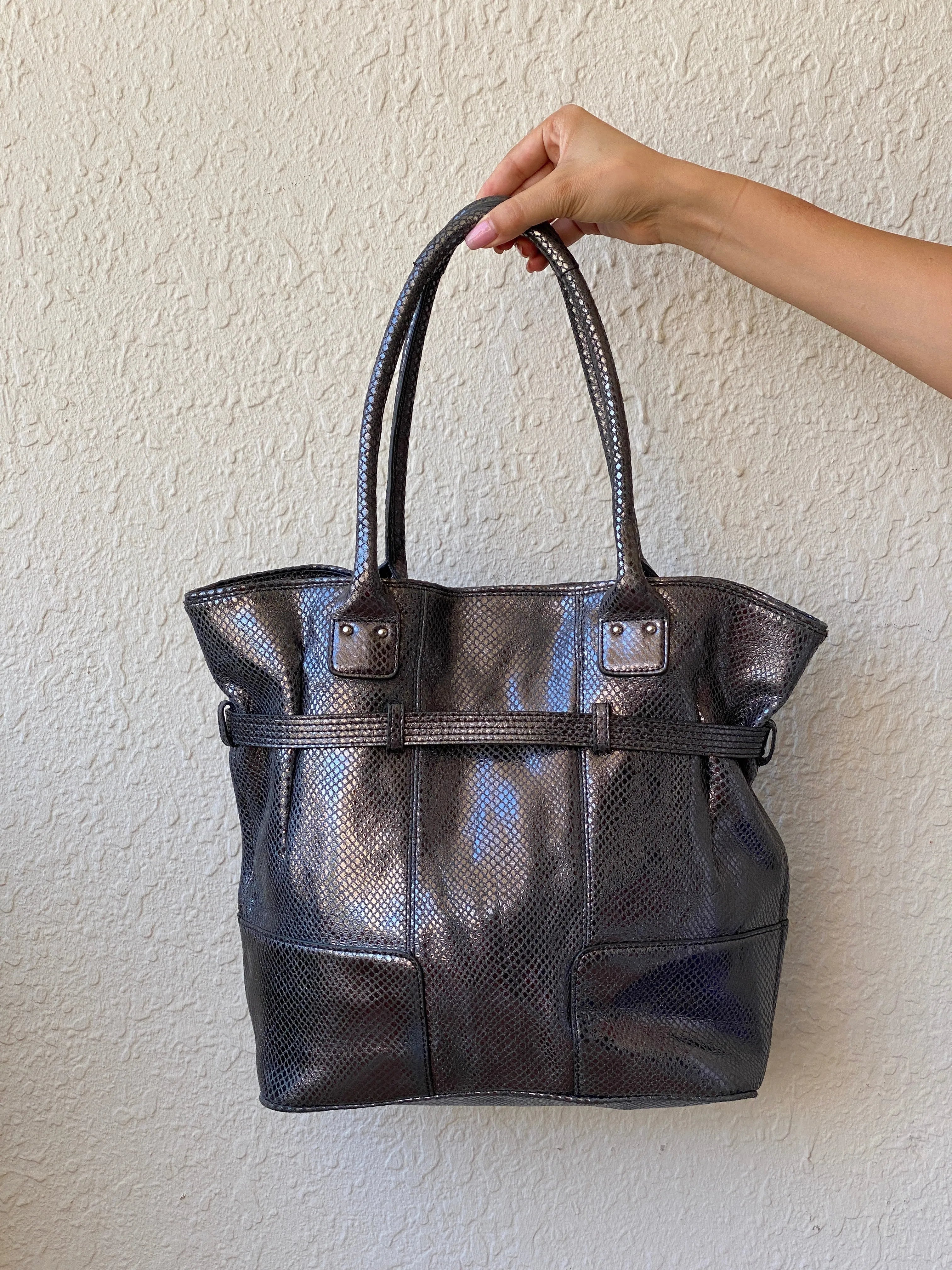 Calvin Klein Snakeskin Faux Leather Tote Bag Metallic Black Grey Purse - Balagan Vintage Shoulder Bag 00s, 90s, bag, NEW IN, shoulder bag, summer, Y2K