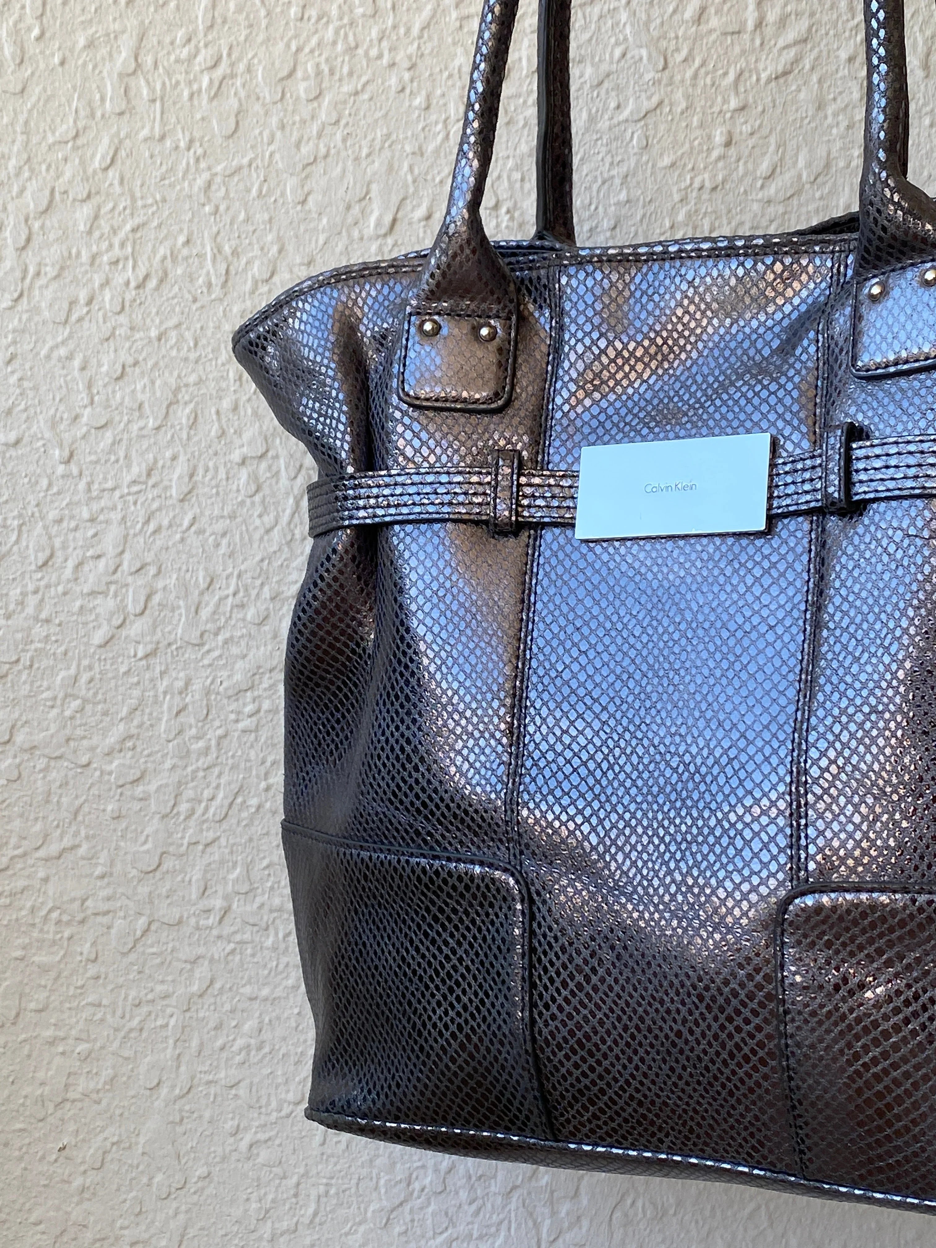 Calvin Klein Snakeskin Faux Leather Tote Bag Metallic Black Grey Purse - Balagan Vintage Shoulder Bag 00s, 90s, bag, NEW IN, shoulder bag, summer, Y2K