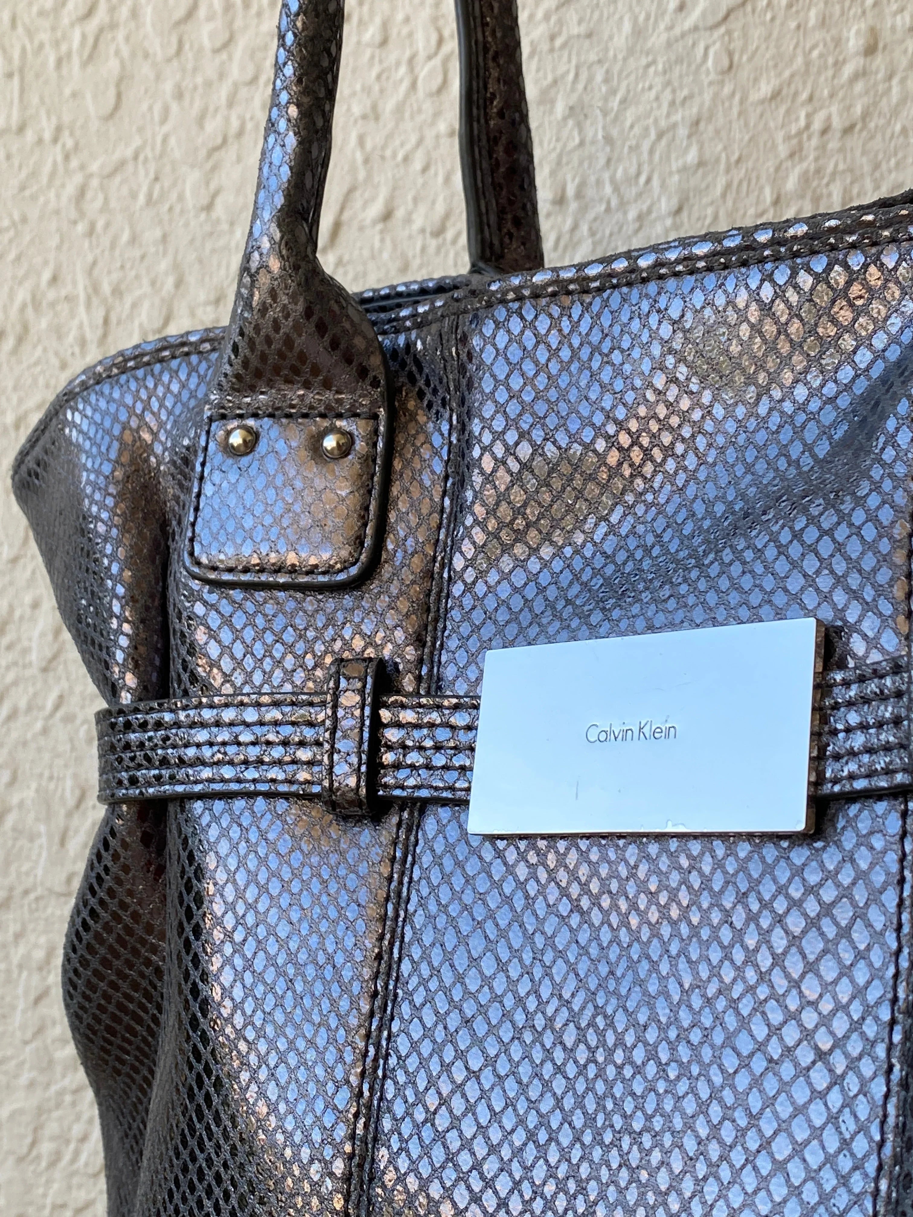 Calvin Klein Snakeskin Faux Leather Tote Bag Metallic Black Grey Purse - Balagan Vintage Shoulder Bag 00s, 90s, bag, NEW IN, shoulder bag, summer, Y2K