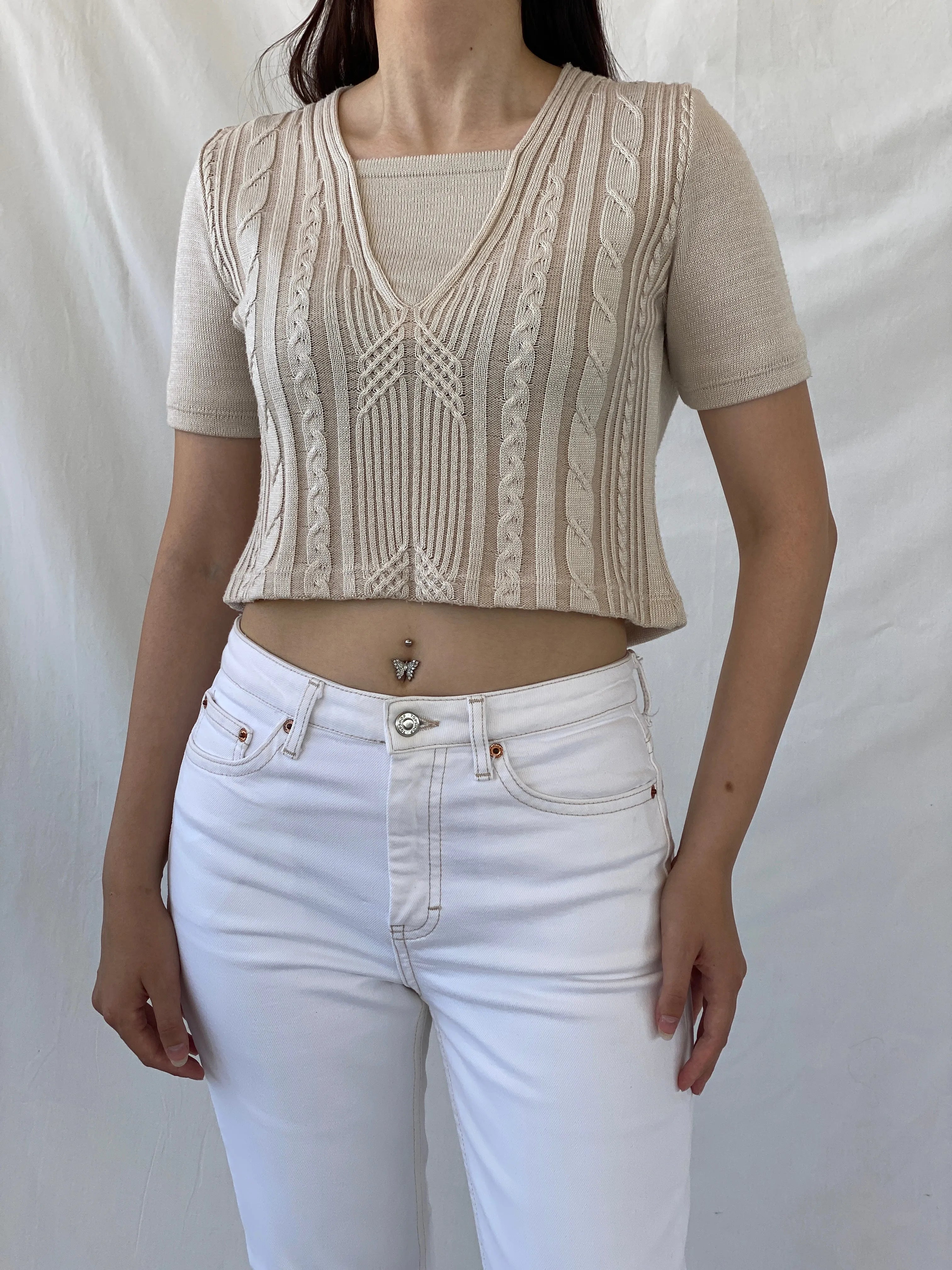Casual Everyday Beige Knitted Short Sleeve Crop Top - M - Balagan Vintage Half Sleeve Top 00s, Ayah, NEW IN, summer, women top