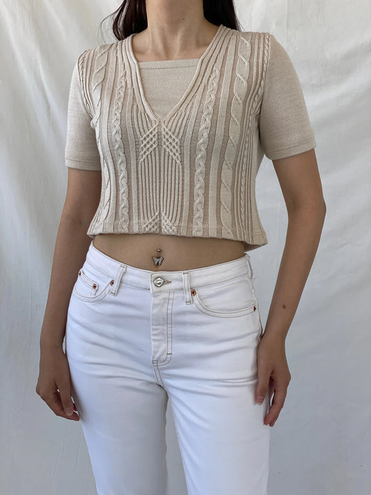 Casual Everyday Beige Knitted Short Sleeve Crop Top - M - Balagan Vintage Half Sleeve Top 00s, Ayah, NEW IN, summer, women top