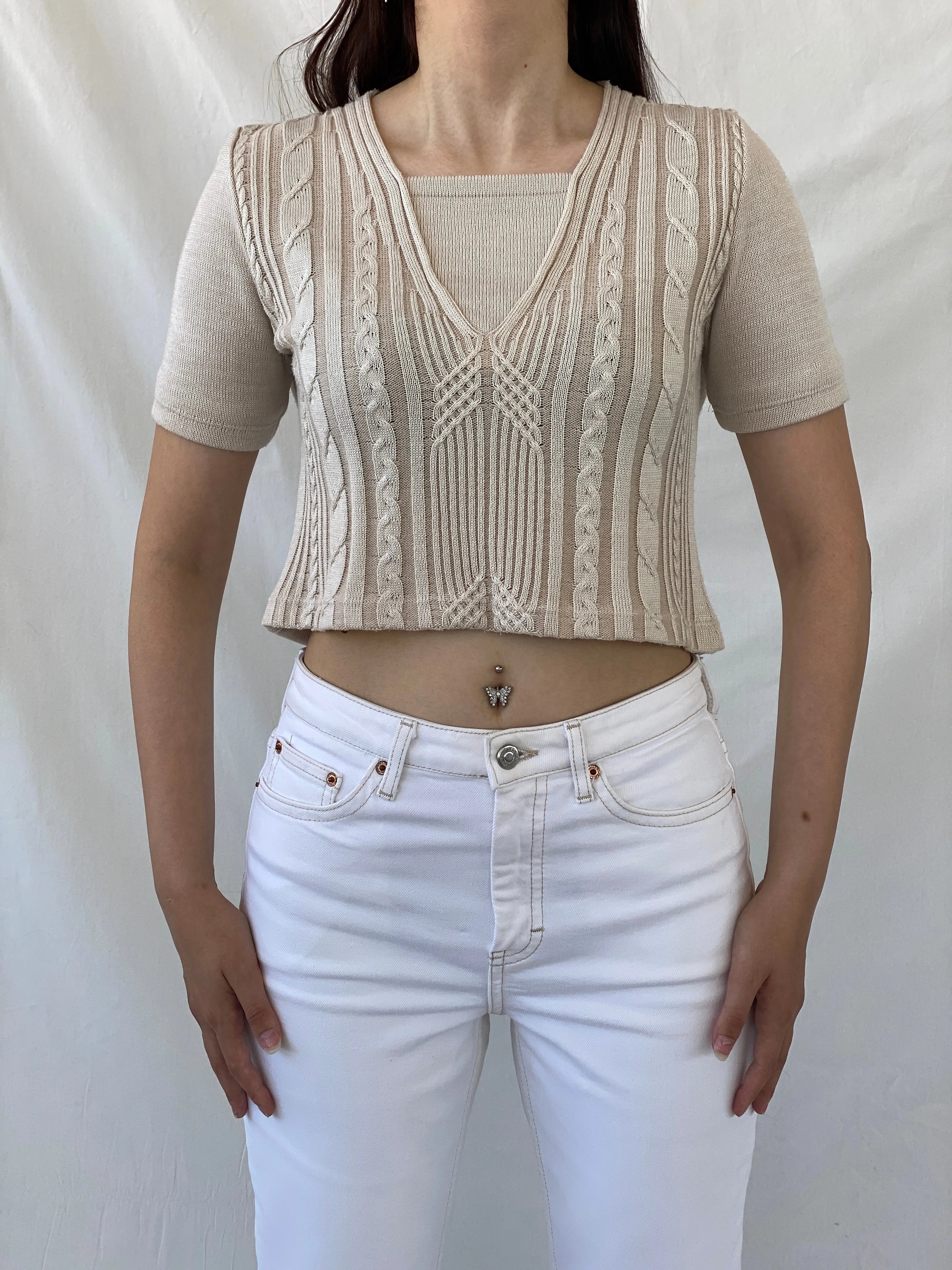 Casual Everyday Beige Knitted Short Sleeve Crop Top - M - Balagan Vintage Half Sleeve Top 00s, Ayah, NEW IN, summer, women top