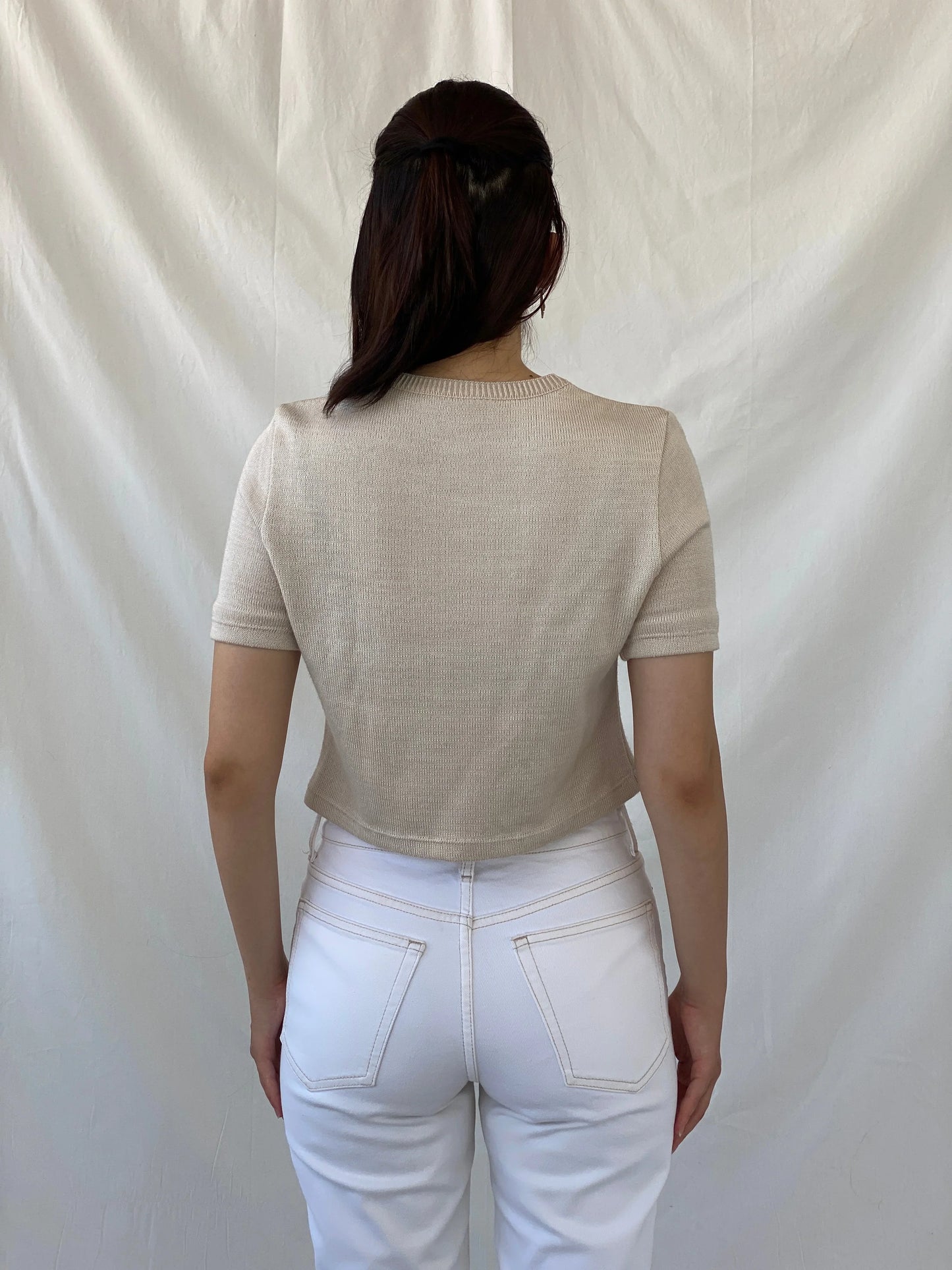 Casual Everyday Beige Knitted Short Sleeve Crop Top - M - Balagan Vintage Half Sleeve Top 00s, Ayah, NEW IN, summer, women top
