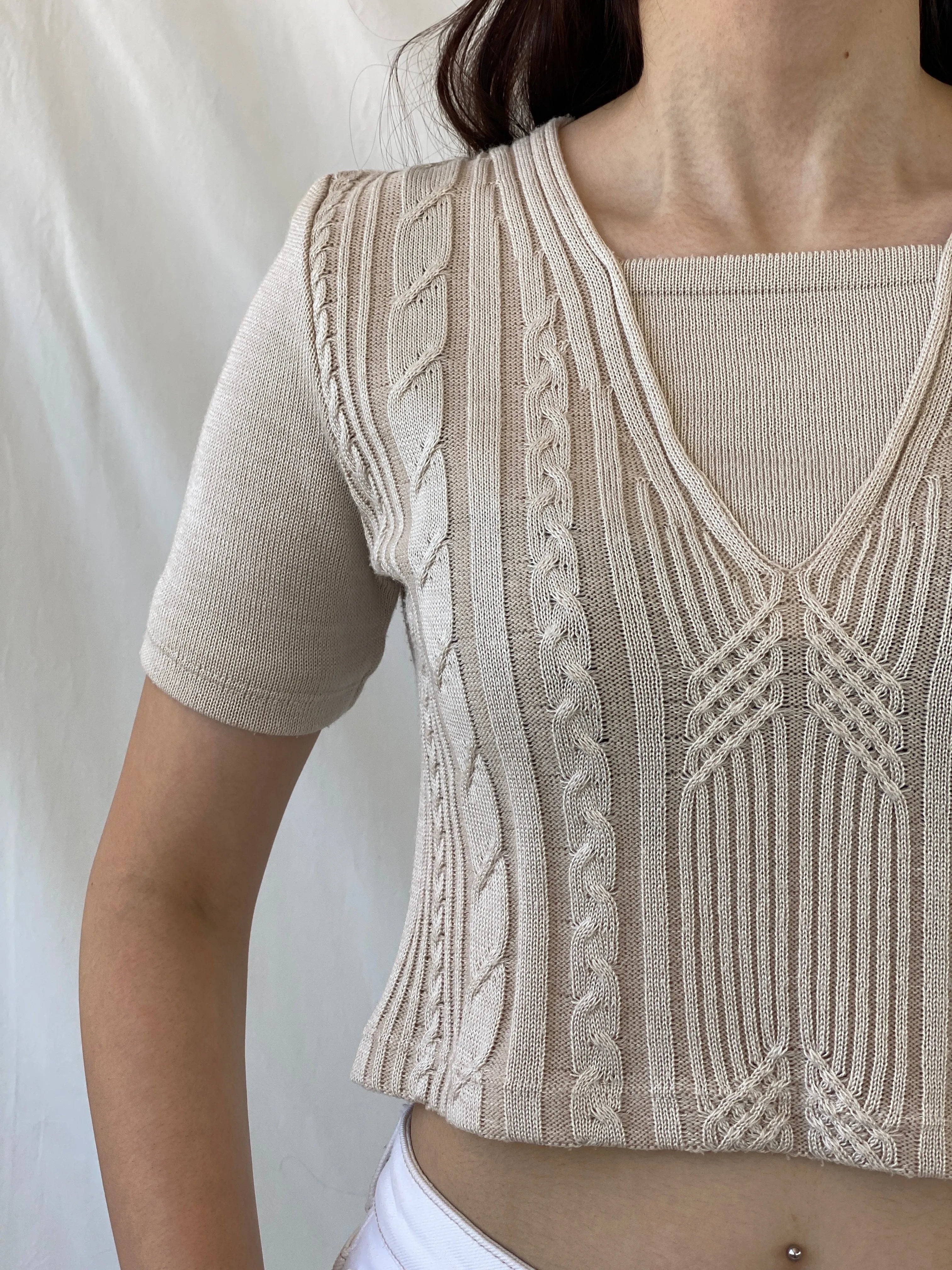 Casual Everyday Beige Knitted Short Sleeve Crop Top - M - Balagan Vintage Half Sleeve Top 00s, Ayah, NEW IN, summer, women top