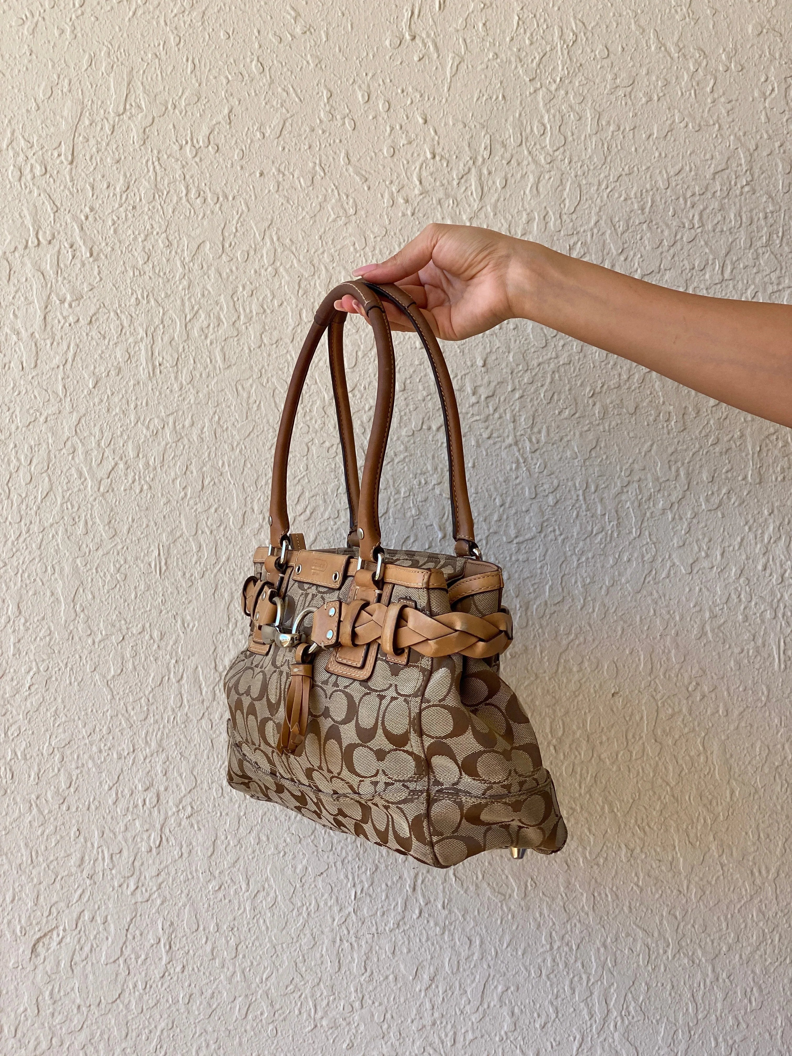 Coach Hampton Carryall Signature C Monogram Purse Braided Leather Trim Khaki Tan Satchel Shoulder Bag - Balagan Vintage Shoulder Bag 00s, 90s, bag, cowboy, NEW IN, shoulder bag, Y2K