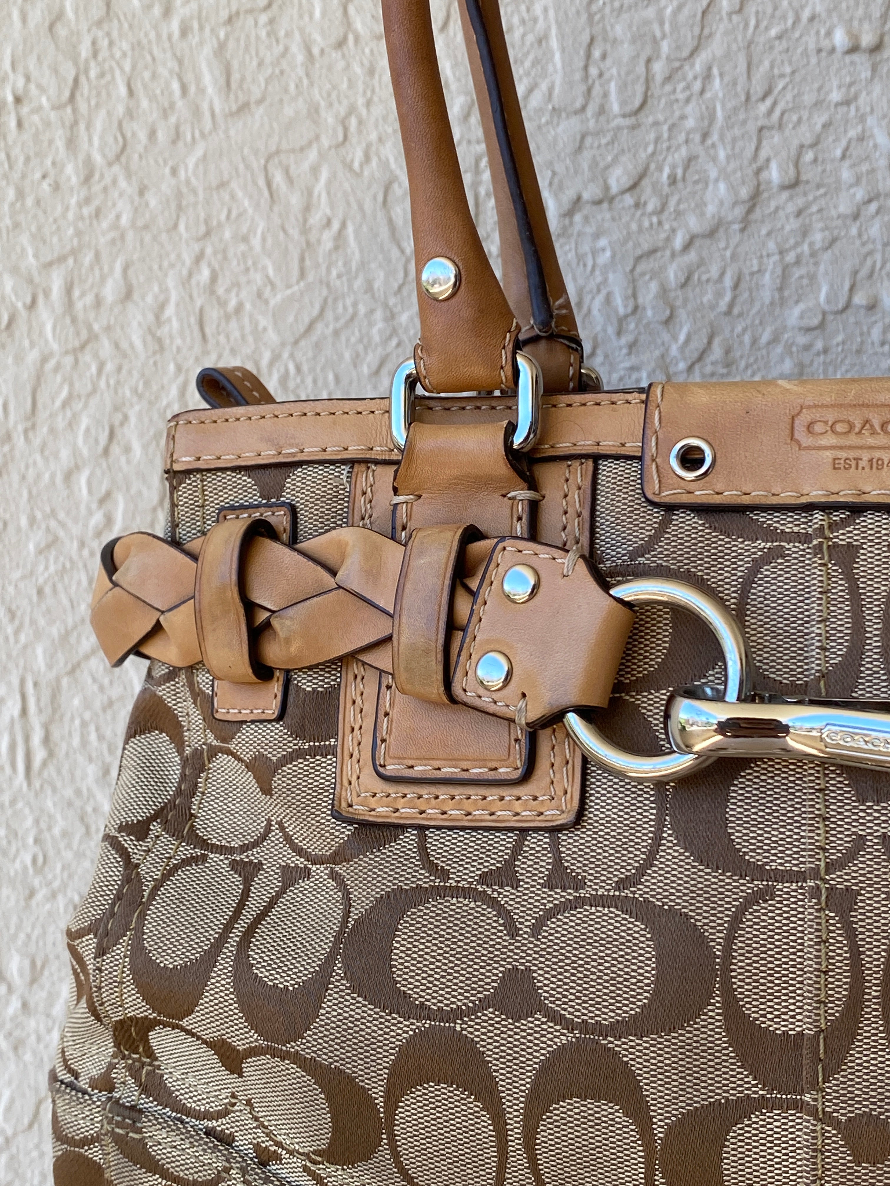 Coach Hampton Carryall Signature C Monogram Purse Braided Leather Trim Khaki Tan Satchel Shoulder Bag - Balagan Vintage Shoulder Bag 00s, 90s, bag, cowboy, NEW IN, shoulder bag, Y2K
