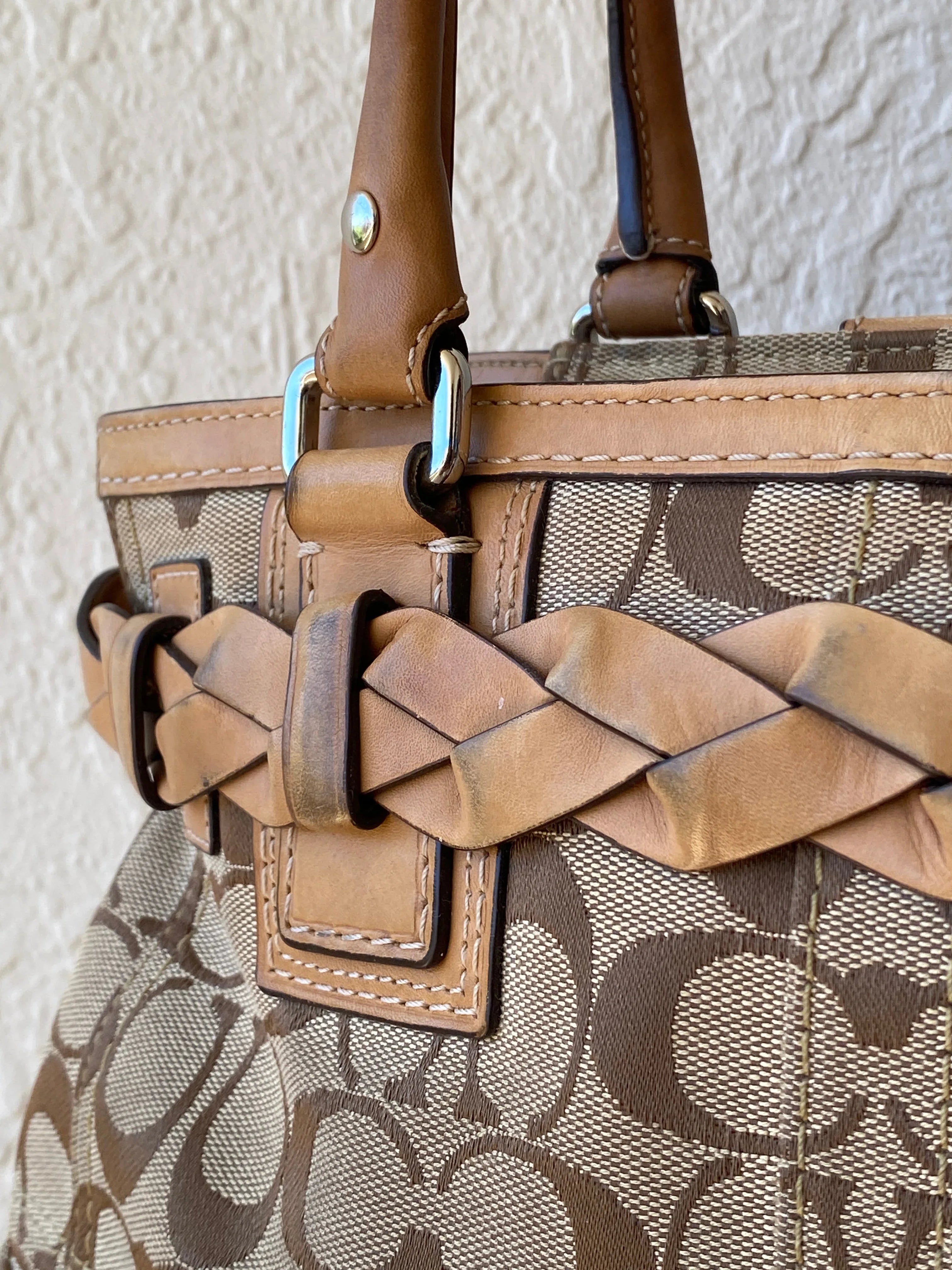 Coach Hampton Carryall Signature C Monogram Purse Braided Leather Trim Khaki Tan Satchel Shoulder Bag - Balagan Vintage Shoulder Bag 00s, 90s, bag, cowboy, NEW IN, shoulder bag, Y2K