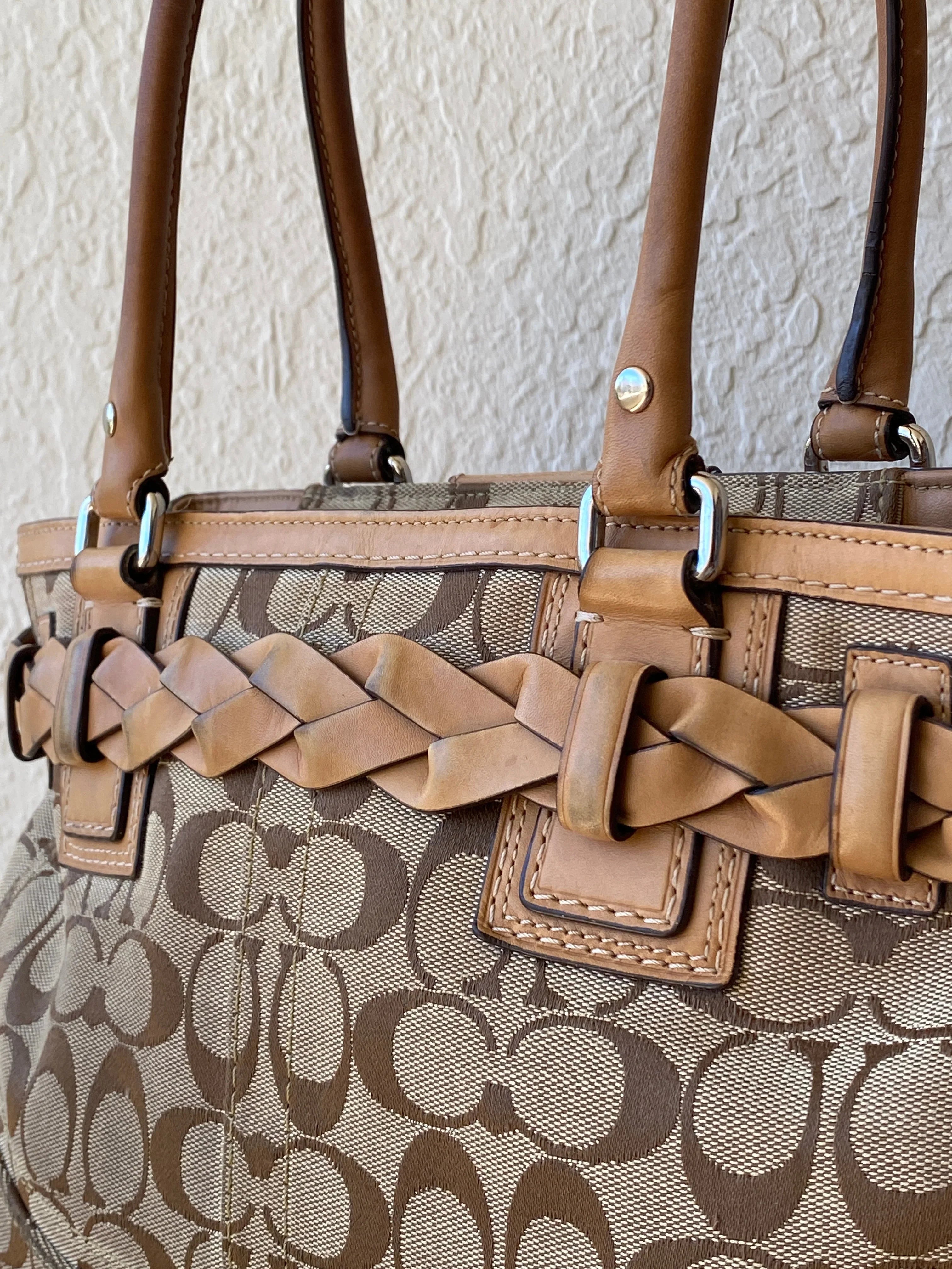 Coach Hampton Carryall Signature C Monogram Purse Braided Leather Trim Khaki Tan Satchel Shoulder Bag - Balagan Vintage Shoulder Bag 00s, 90s, bag, cowboy, NEW IN, shoulder bag, Y2K