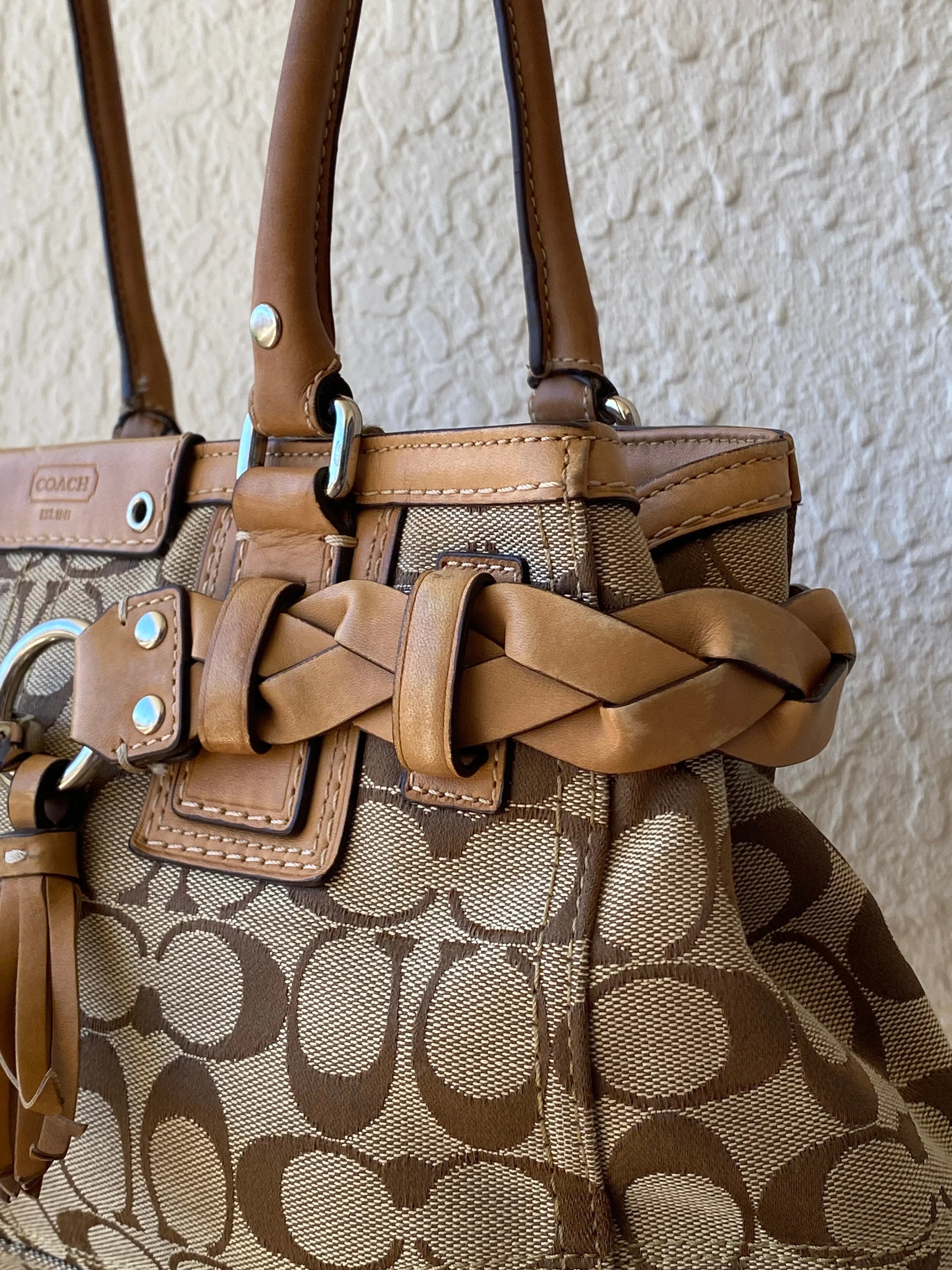 Coach Hampton Carryall Signature C Monogram Purse Braided Leather Trim Khaki Tan Satchel Shoulder Bag - Balagan Vintage Shoulder Bag 00s, 90s, bag, cowboy, NEW IN, shoulder bag, Y2K