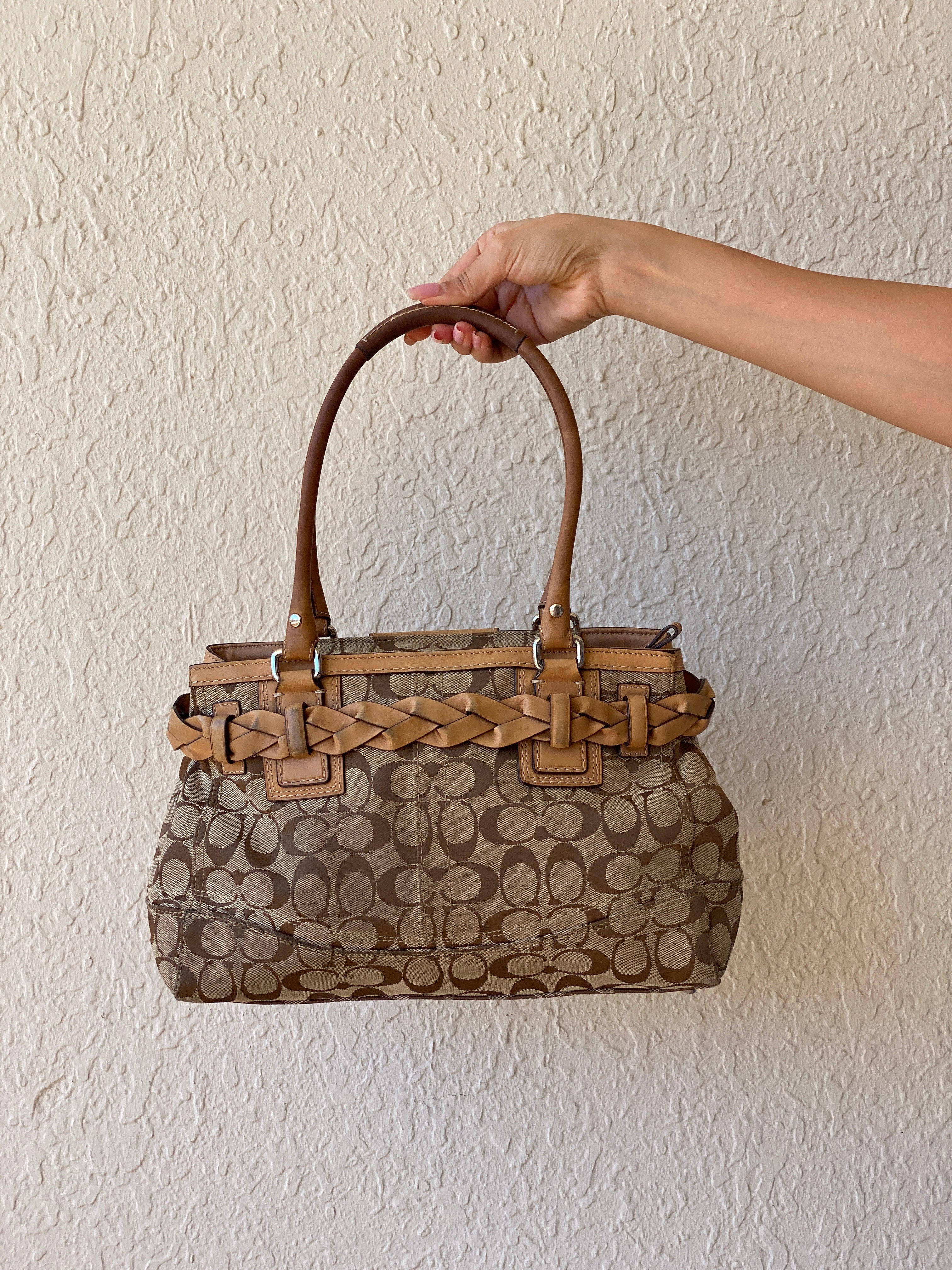 Coach Hampton Carryall Signature C Monogram Purse Braided Leather Trim Khaki Tan Satchel Shoulder Bag - Balagan Vintage Shoulder Bag 00s, 90s, bag, cowboy, NEW IN, shoulder bag, Y2K