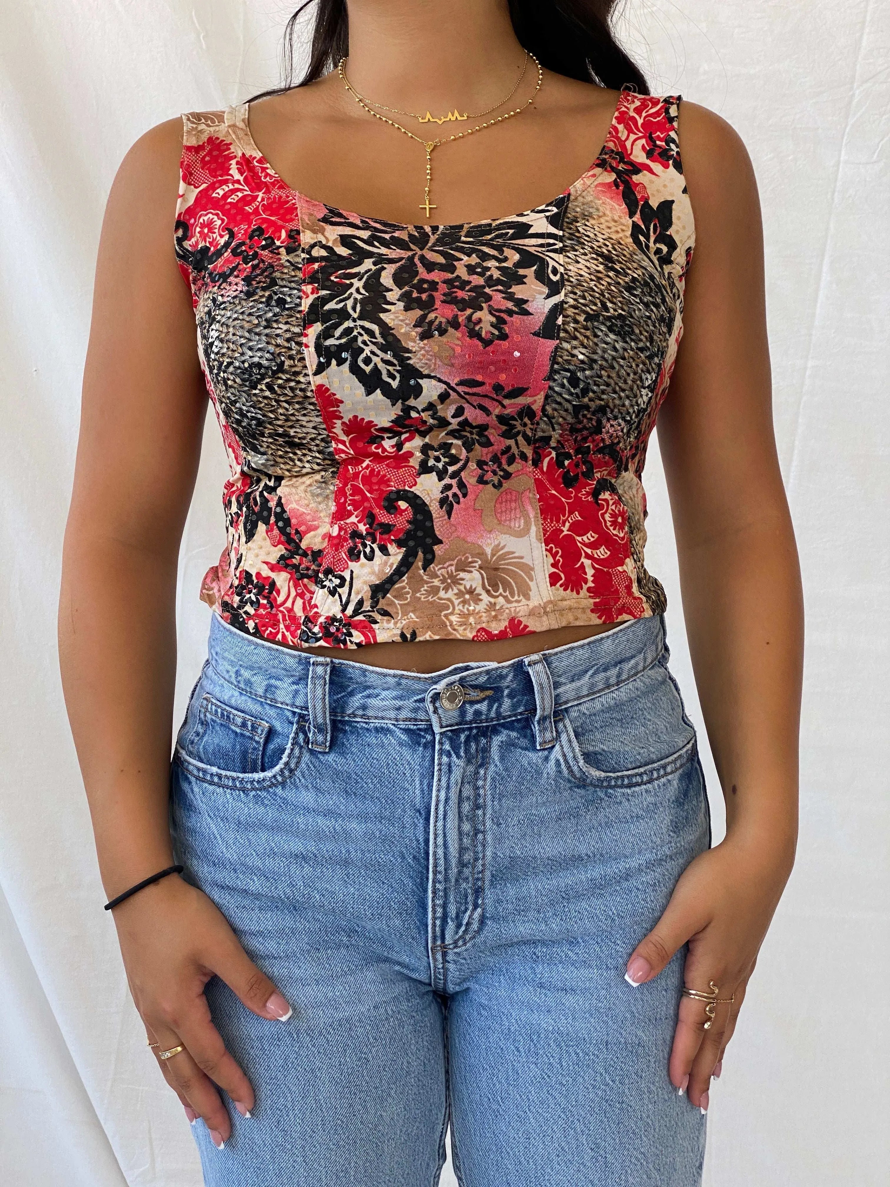 Cottagecore Floral Pattern Glittery Top - M - Balagan Vintage Sleeveless Top 00s, Lana, sleeveless top, summer