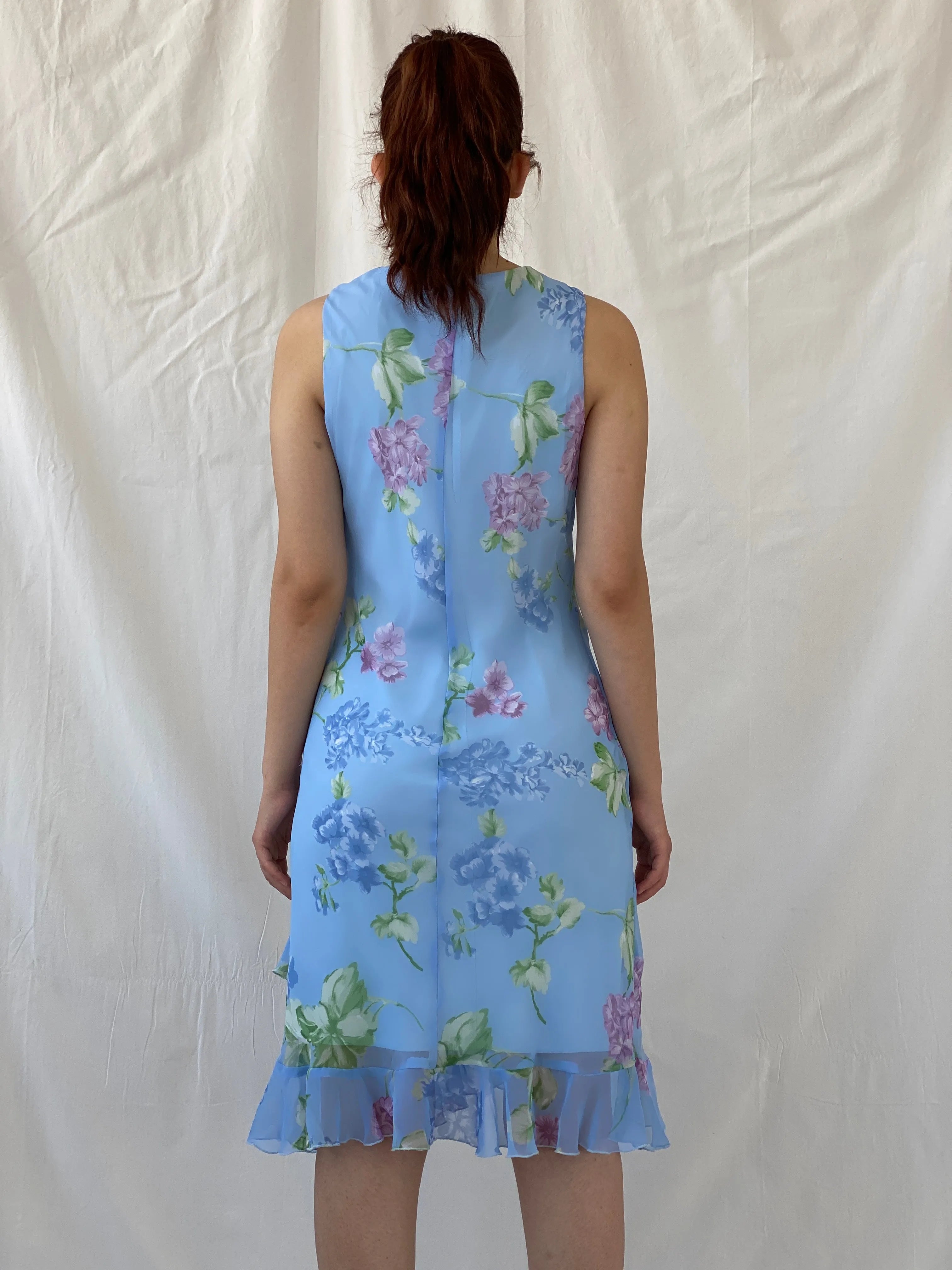 Cute Vintage Y2K D.B.Y. Blue Floral Midi Asymmetrical Hem Dress - S - Balagan Vintage Midi Dress 90s, Ayah, dress, floral, floral dress, midi dress, vintage dress