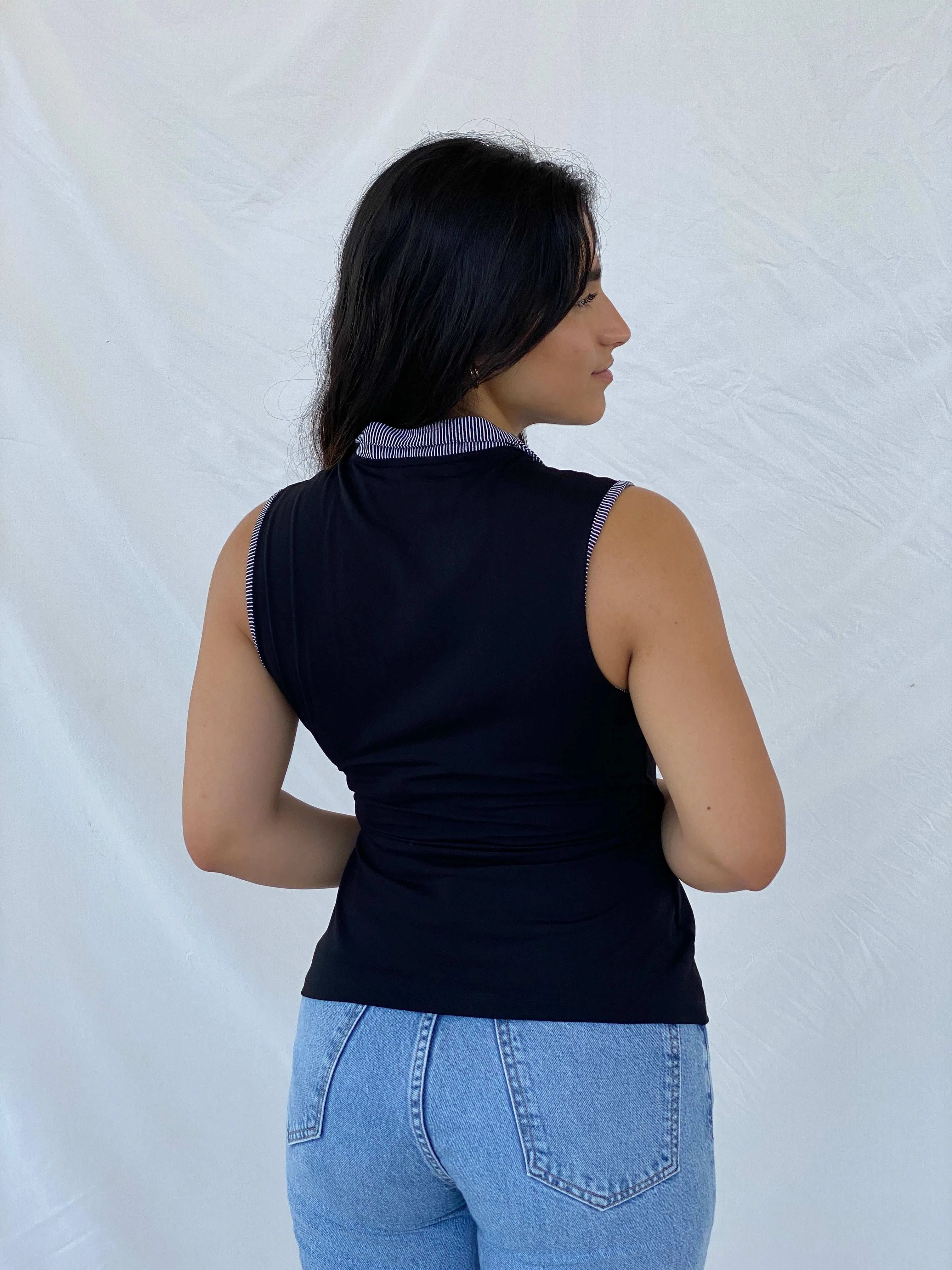 Cutest Y2K Blanc Nature Striped Wrap Bow Collar Top - L - Balagan Vintage Sleeveless Top 00s, Cami, Lana, summer