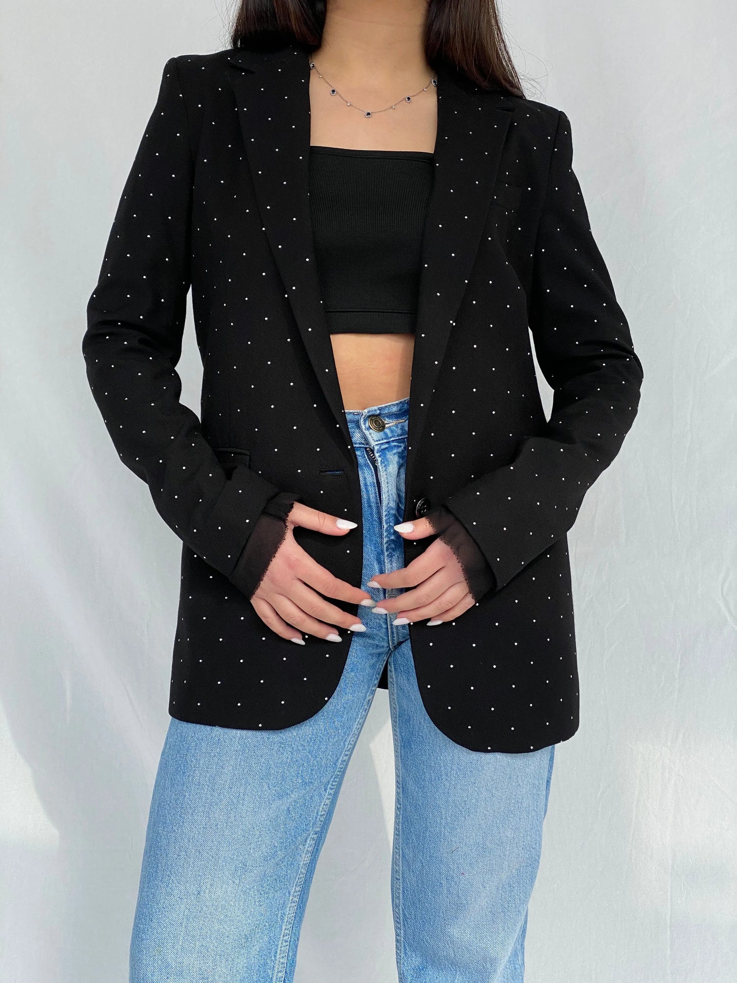 Diesel Embellished Silver Polka Dots Women’s Relaxed Work Blazer - XS - Balagan Vintage Blazer 00s, blazer, consignment, Diesel, Fatima, full sleeve blazer, Janan, sweater, winter
