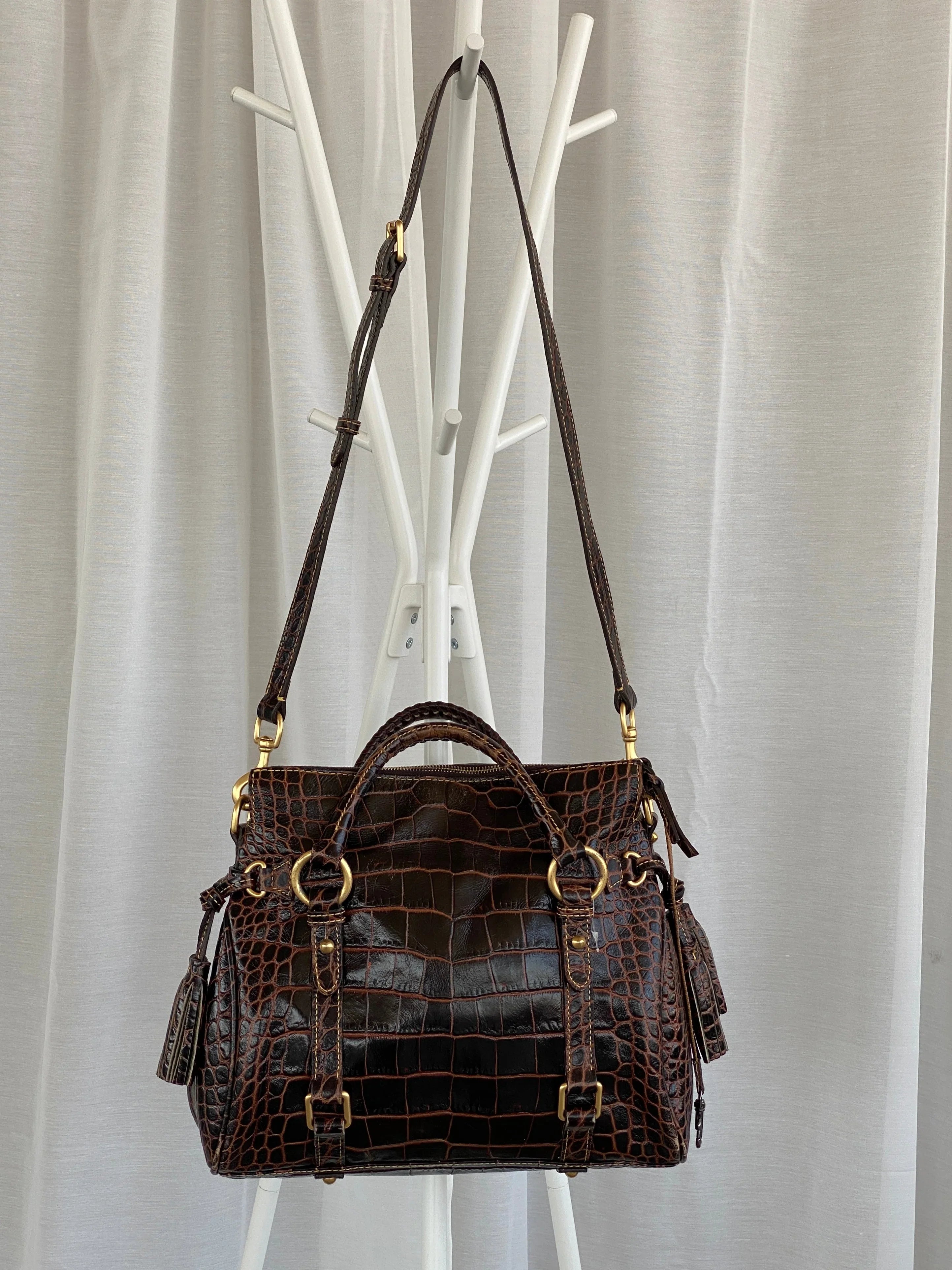 Dooney & Bourke Brown Croc Print Designer Hand Bag with Side Tassels and Gold Details - Balagan Vintage Shoulder Bag 00s, 90s, bag, NEW IN, shoulder bag, Y2K