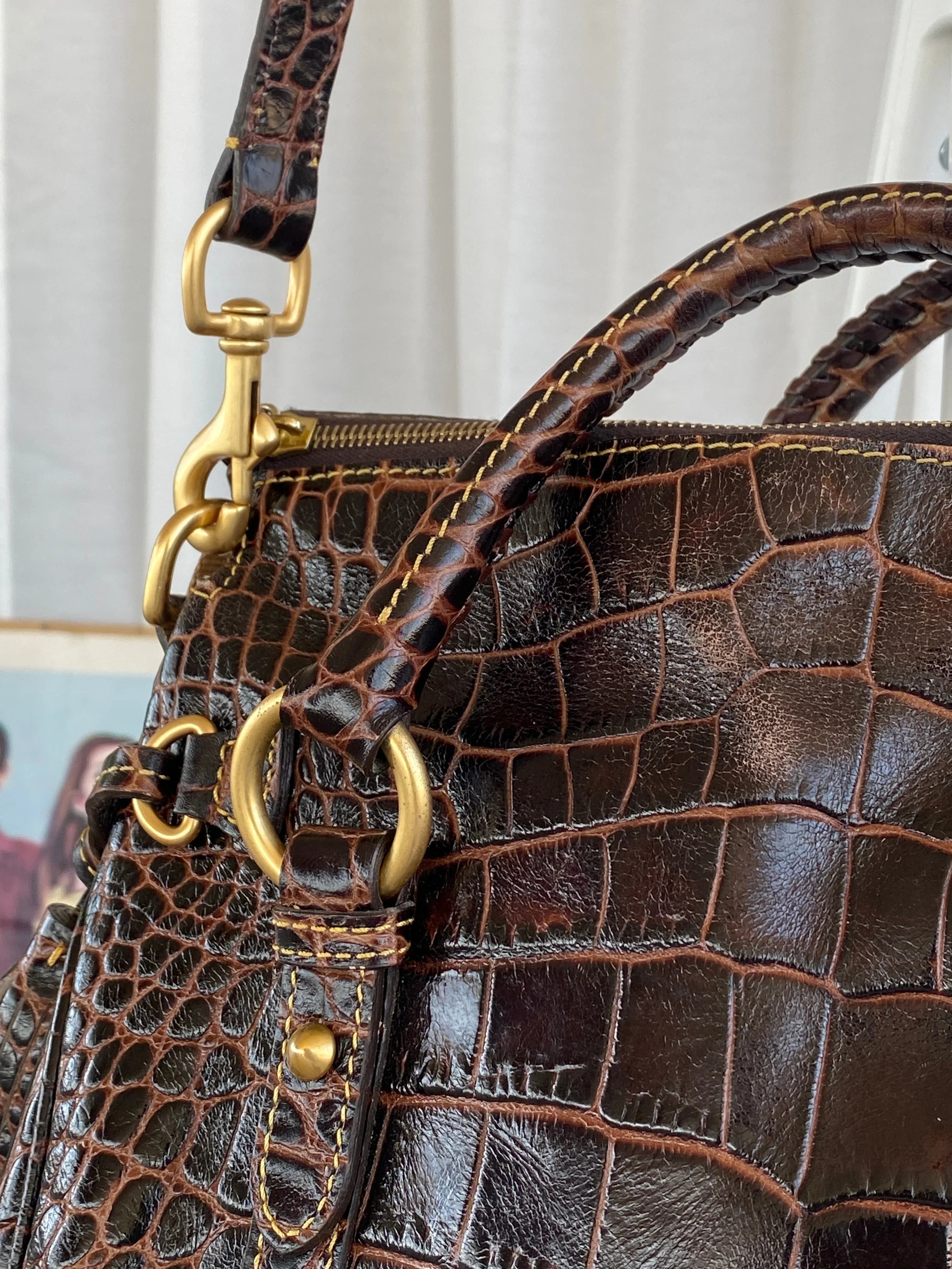 Dooney & Bourke Brown Croc Print Designer Hand Bag with Side Tassels and Gold Details - Balagan Vintage Shoulder Bag 00s, 90s, bag, NEW IN, shoulder bag, Y2K