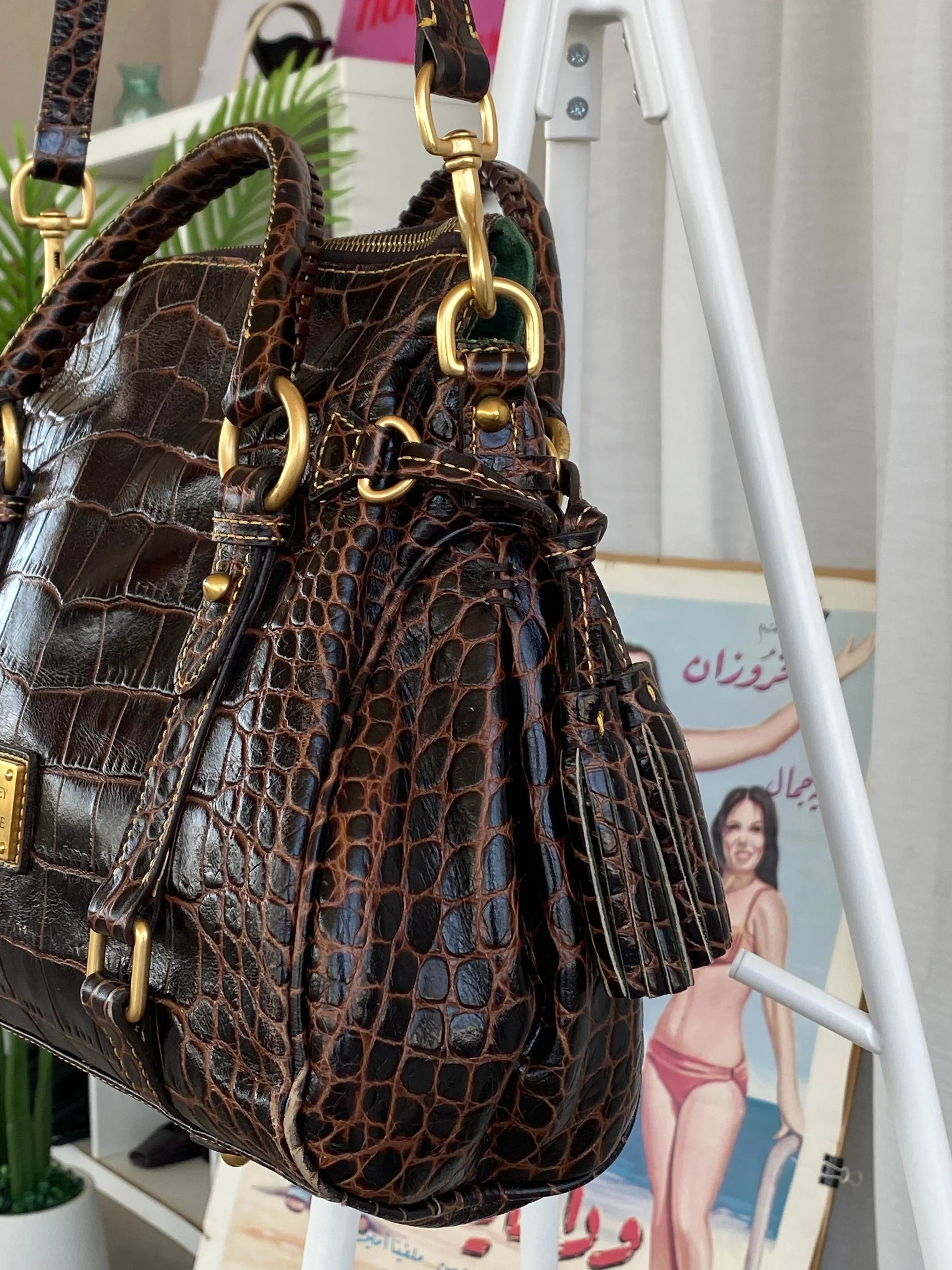 Dooney & Bourke Brown Croc Print Designer Hand Bag with Side Tassels and Gold Details - Balagan Vintage Shoulder Bag 00s, 90s, bag, NEW IN, shoulder bag, Y2K