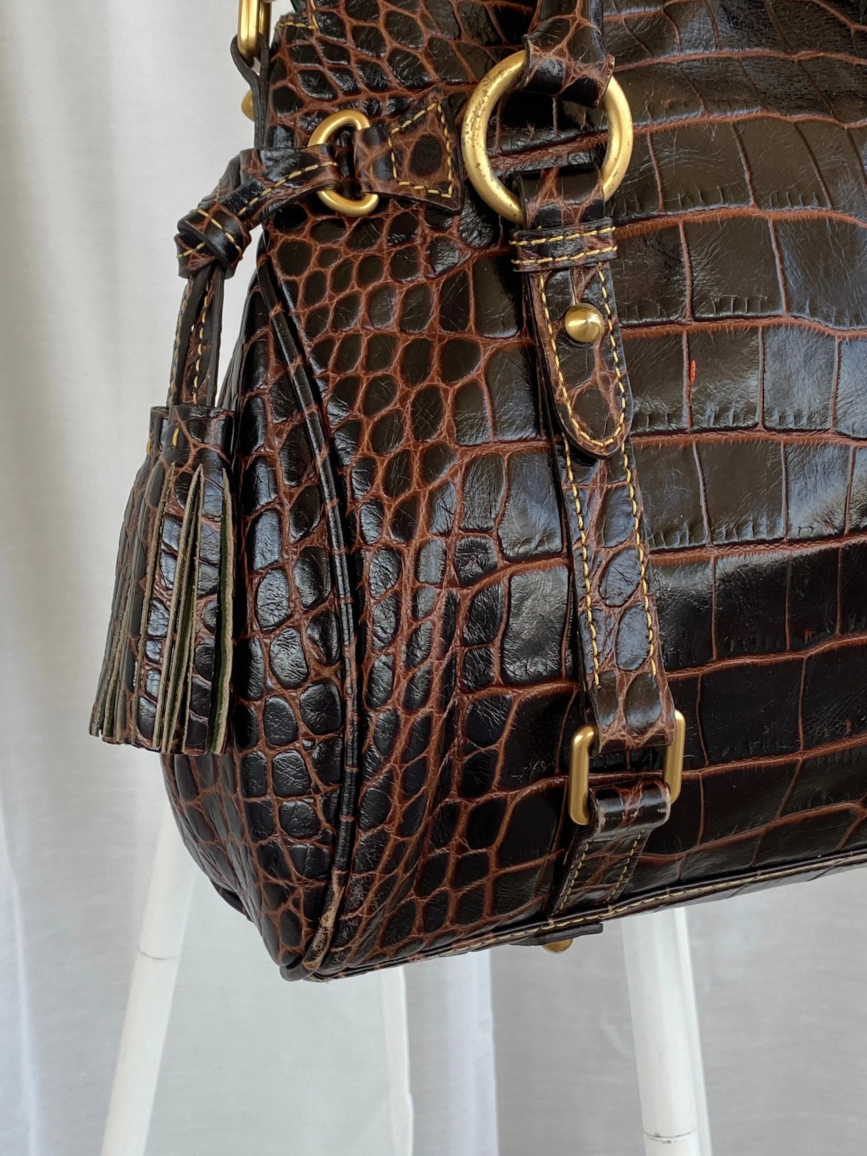Dooney & Bourke Brown Croc Print Designer Hand Bag with Side Tassels and Gold Details - Balagan Vintage Shoulder Bag 00s, 90s, bag, NEW IN, shoulder bag, Y2K