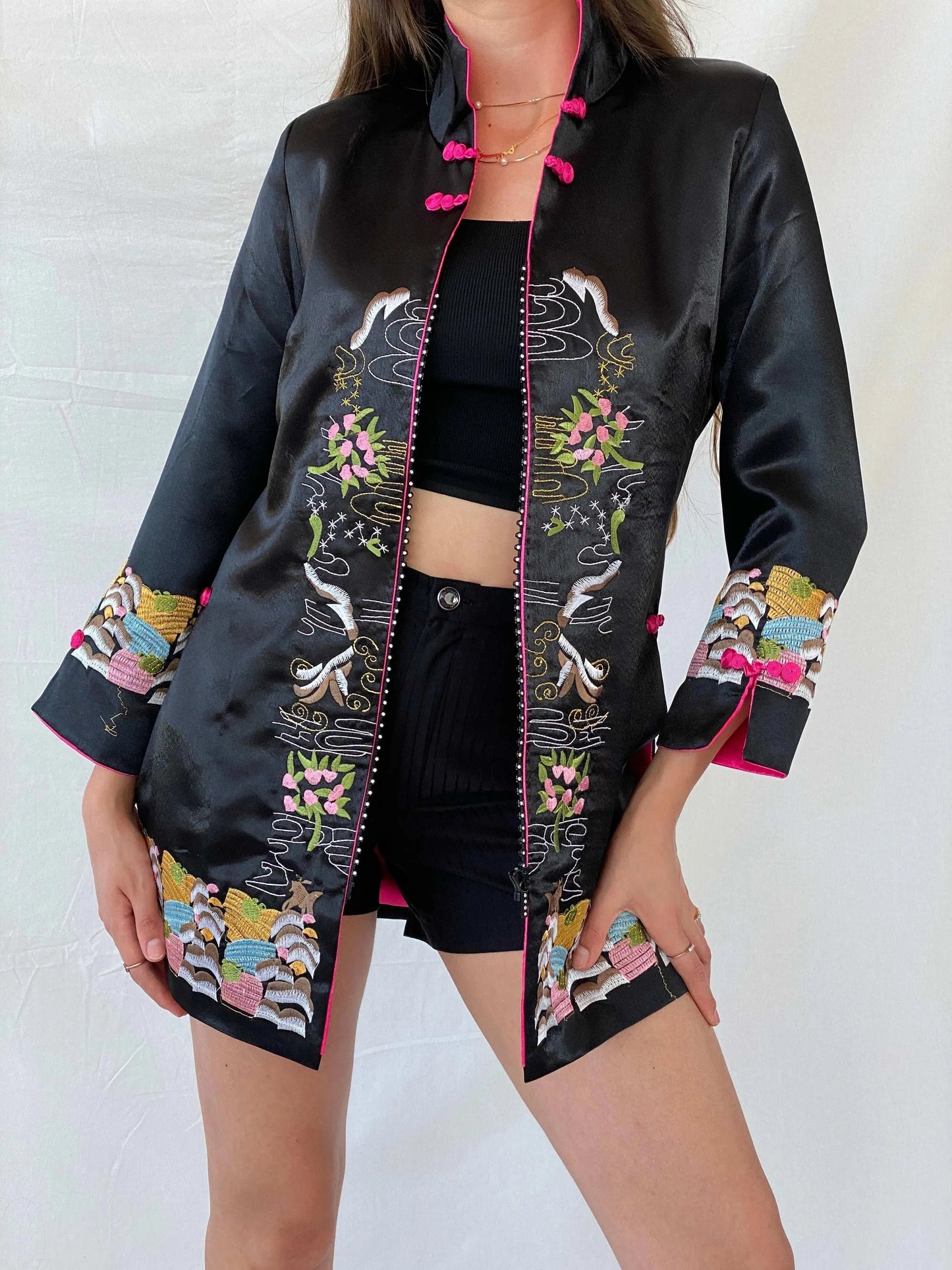 Dragon Silk Hangzhou China Embroidered Asian Artsy Jacket Coat - L - Balagan Vintage Coat 00s, coat, Coats&Jackets, consignment, Mira, Najla, silk, vintage coat