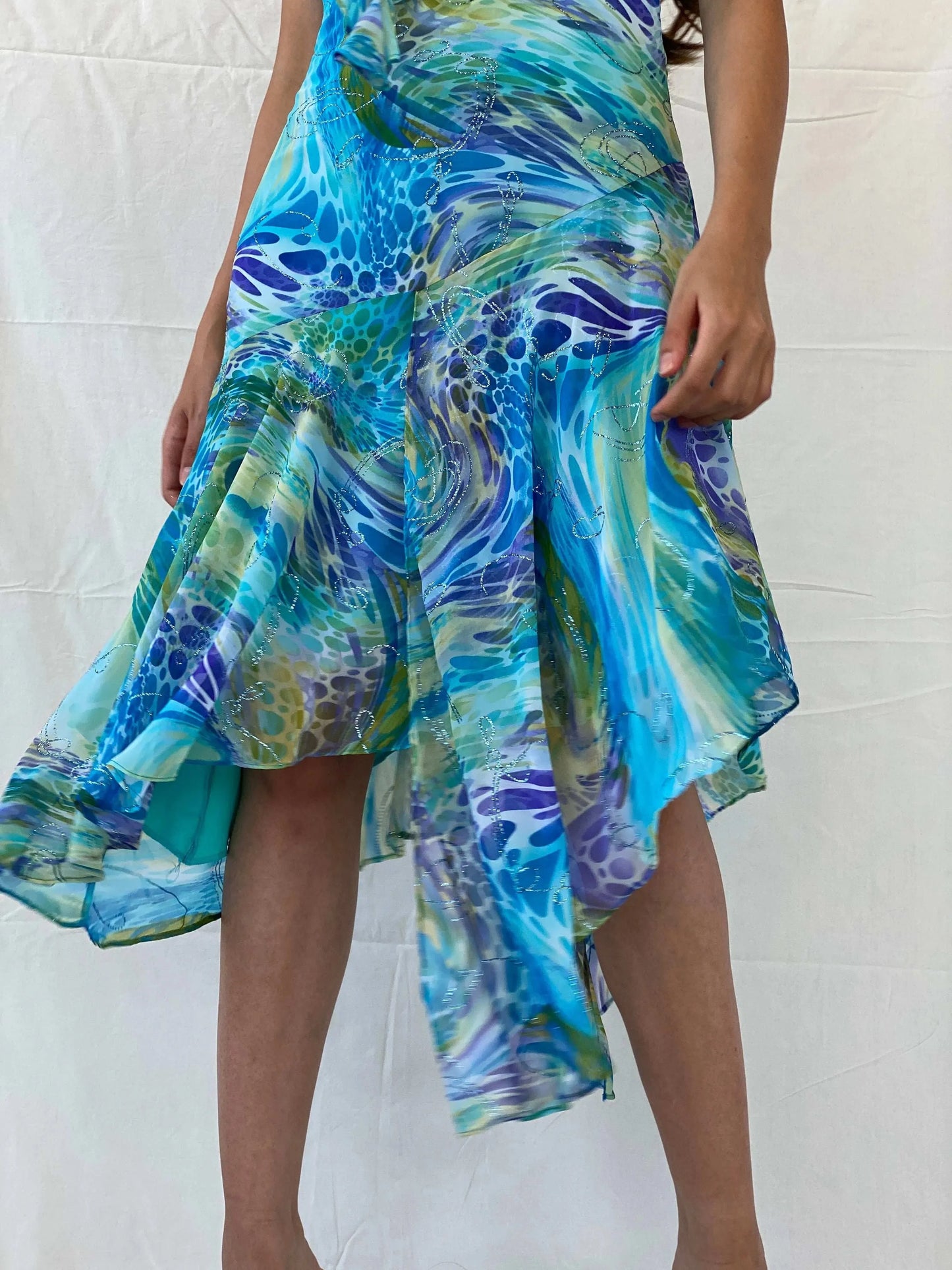 Dreamy 90s Gardo Collection Blue Asymmetric Hem Midi Dress - S - Balagan Vintage Midi Dress 00s dress, 90s, 90s dress, Deals, floral dress, formal dress, midi dress, Mira, velvet dress, Wedding Guest