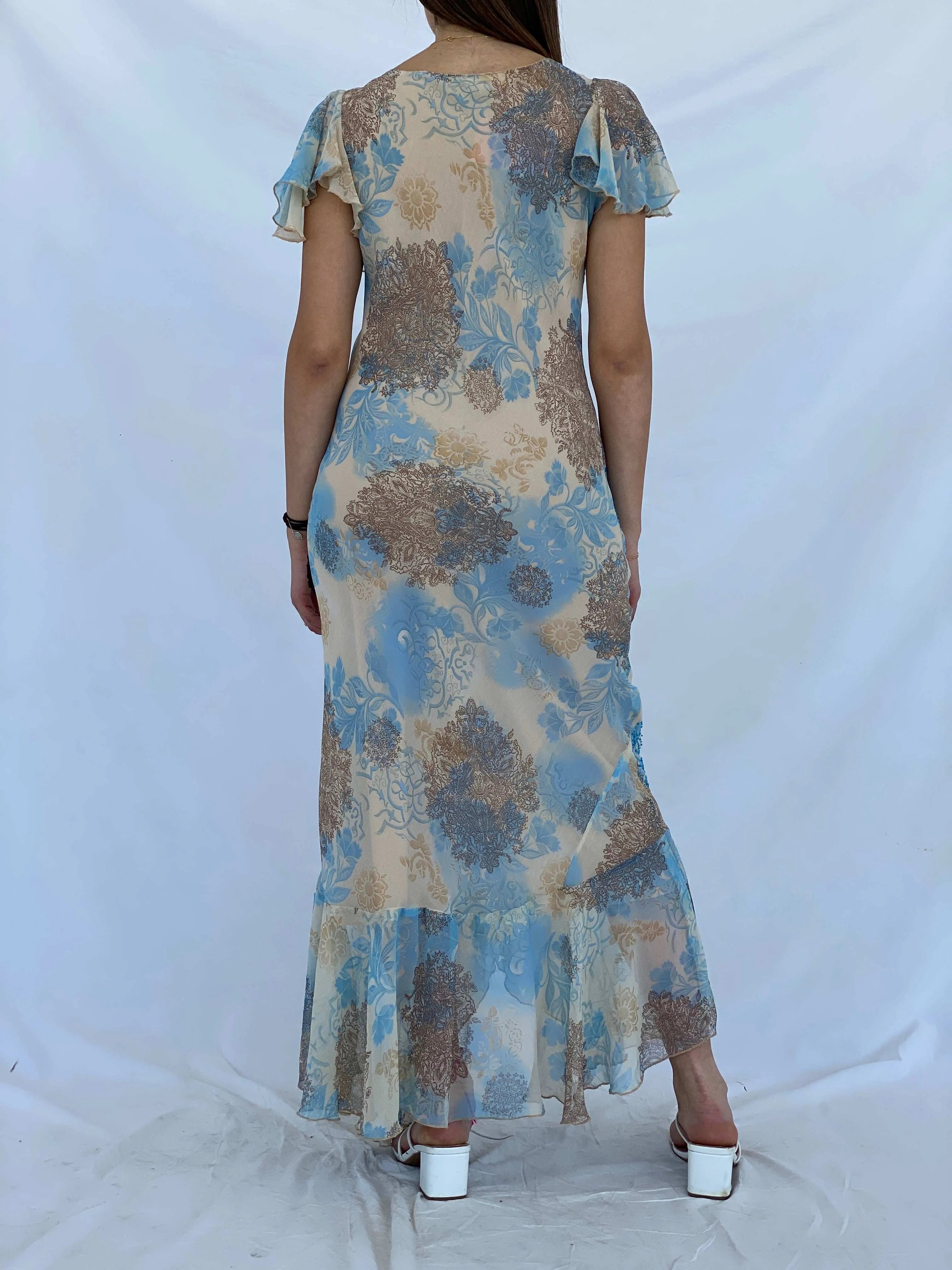 Dreamy Chirag Floral Beaded Beige Maxi Wedding Guest Dress Size S - Balagan Vintage Midi Dress 90s, Deals, dress, floral, floral dress, floral print, Juana, maxi dress, Wedding Guest
