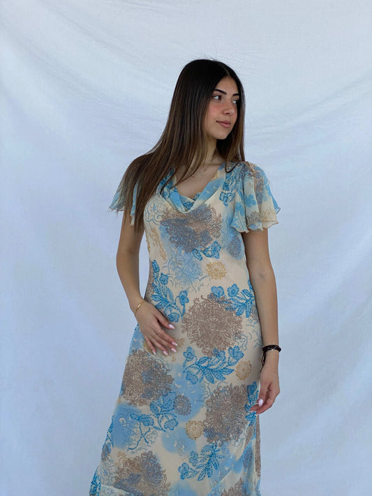 Dreamy Chirag Floral Beaded Beige Maxi Wedding Guest Dress Size S - Balagan Vintage Midi Dress 90s, Deals, dress, floral, floral dress, floral print, Juana, maxi dress, Wedding Guest