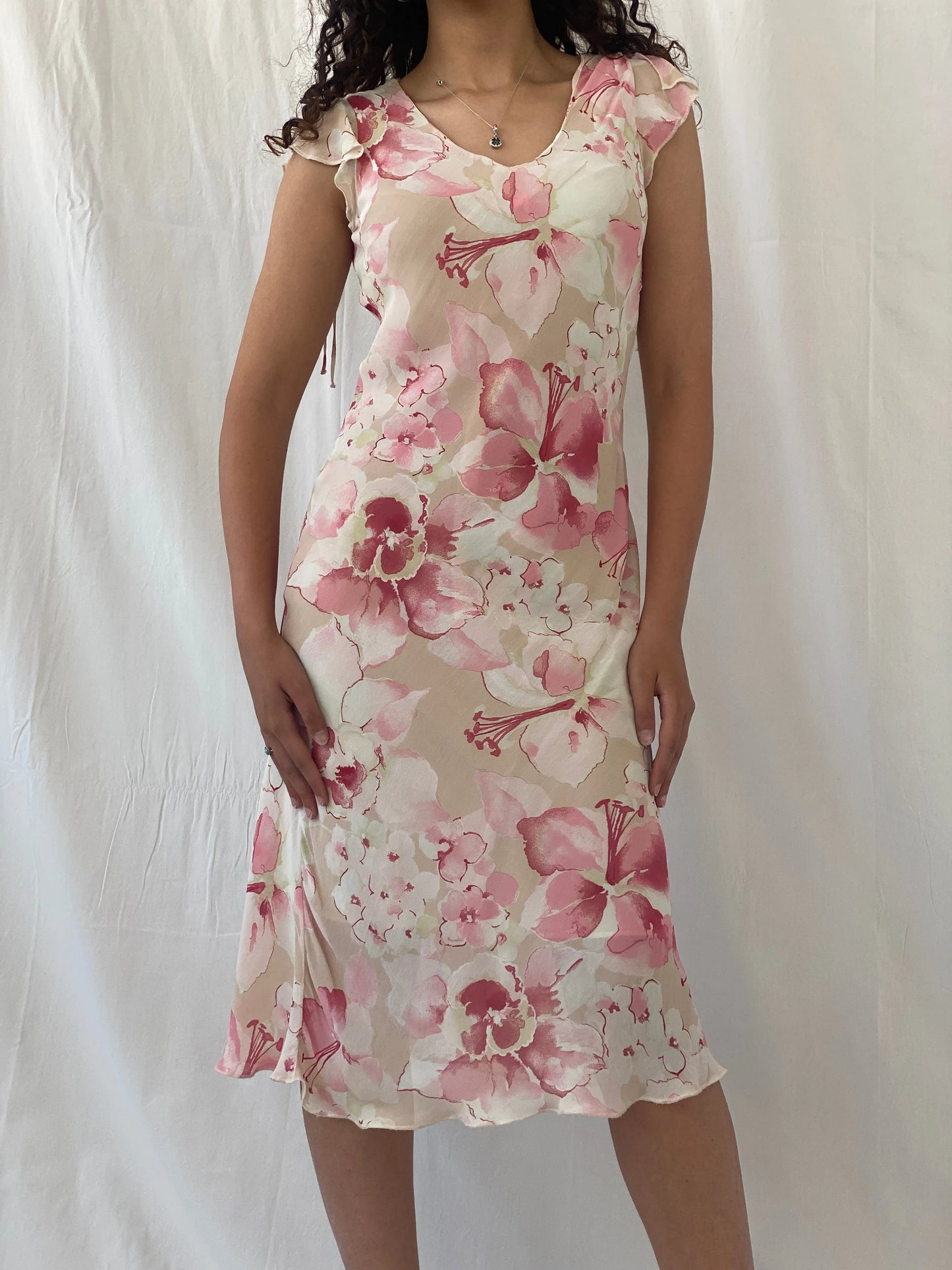 Dreamy Vintage Cõté Femme Pink Cream Floral Fairycore Midi Dress - S - Balagan Vintage Midi Dress 00s, Celine, consignment, dress, floral, midi dress, Tojan, Wedding Guest, Y2K dress