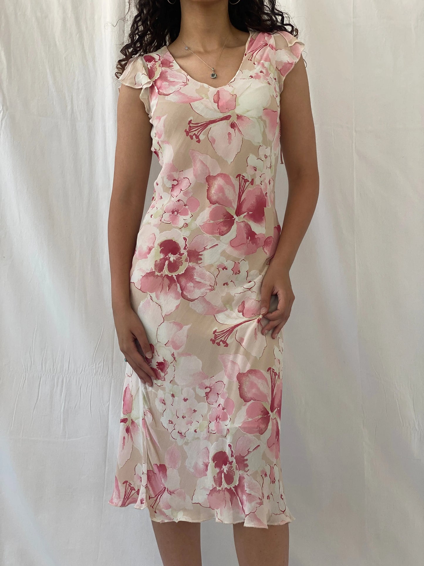 Dreamy Vintage Cõté Femme Pink Cream Floral Fairycore Midi Dress - S - Balagan Vintage Midi Dress 00s, Celine, consignment, dress, floral, midi dress, Tojan, Wedding Guest, Y2K dress