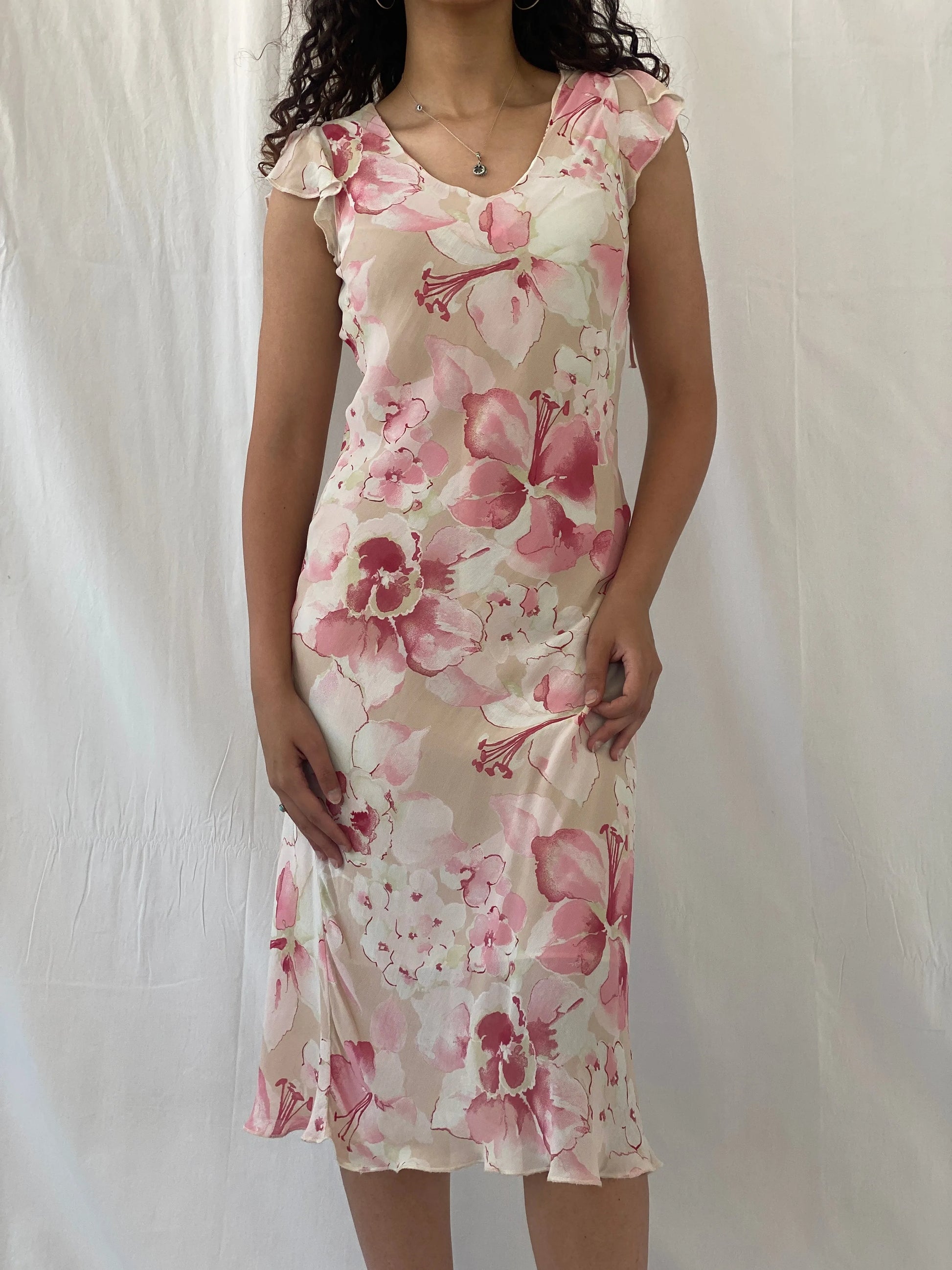 Dreamy Vintage Cõté Femme Pink Cream Floral Fairycore Midi Dress - S - Balagan Vintage Midi Dress 00s, Celine, consignment, dress, floral, midi dress, Tojan, Wedding Guest, Y2K dress