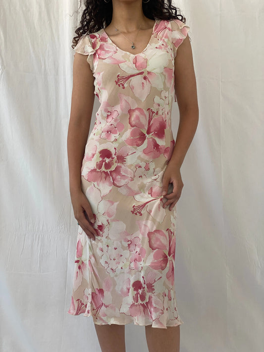 Dreamy Vintage Cõté Femme Pink Cream Floral Fairycore Midi Dress - S - Balagan Vintage Midi Dress 00s, Celine, consignment, dress, floral, midi dress, Tojan, Wedding Guest, Y2K dress