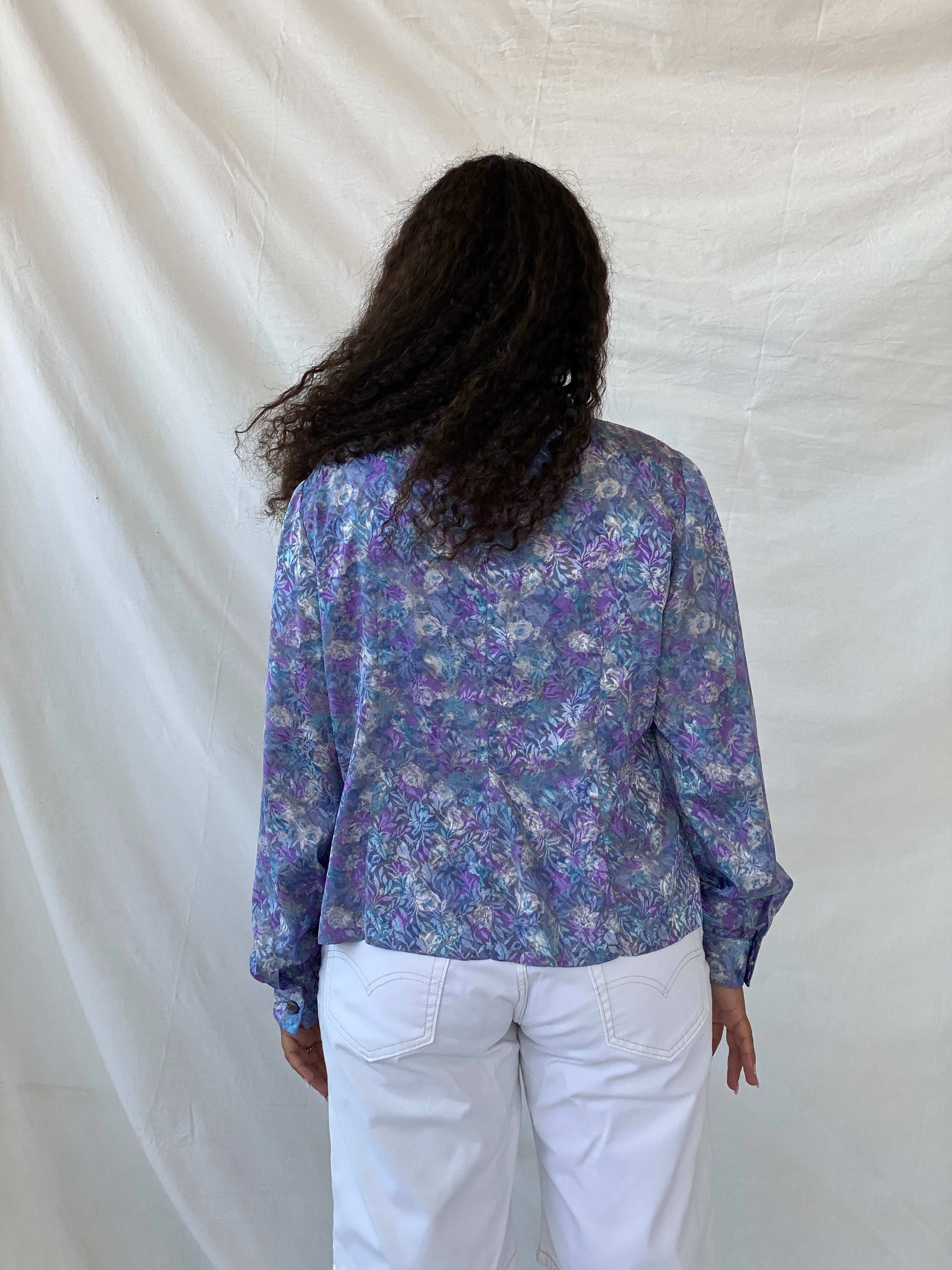 Dreamy Vintage Handmade Blue and Purple Full Sleeve Button Shirt - L - Balagan Vintage Full Sleeve Shirt 00s, 90s, Dina, floral, floral shirt, full sleeve shirt, multicolored, oversized, oversized shirt, printed shirt, women shirt