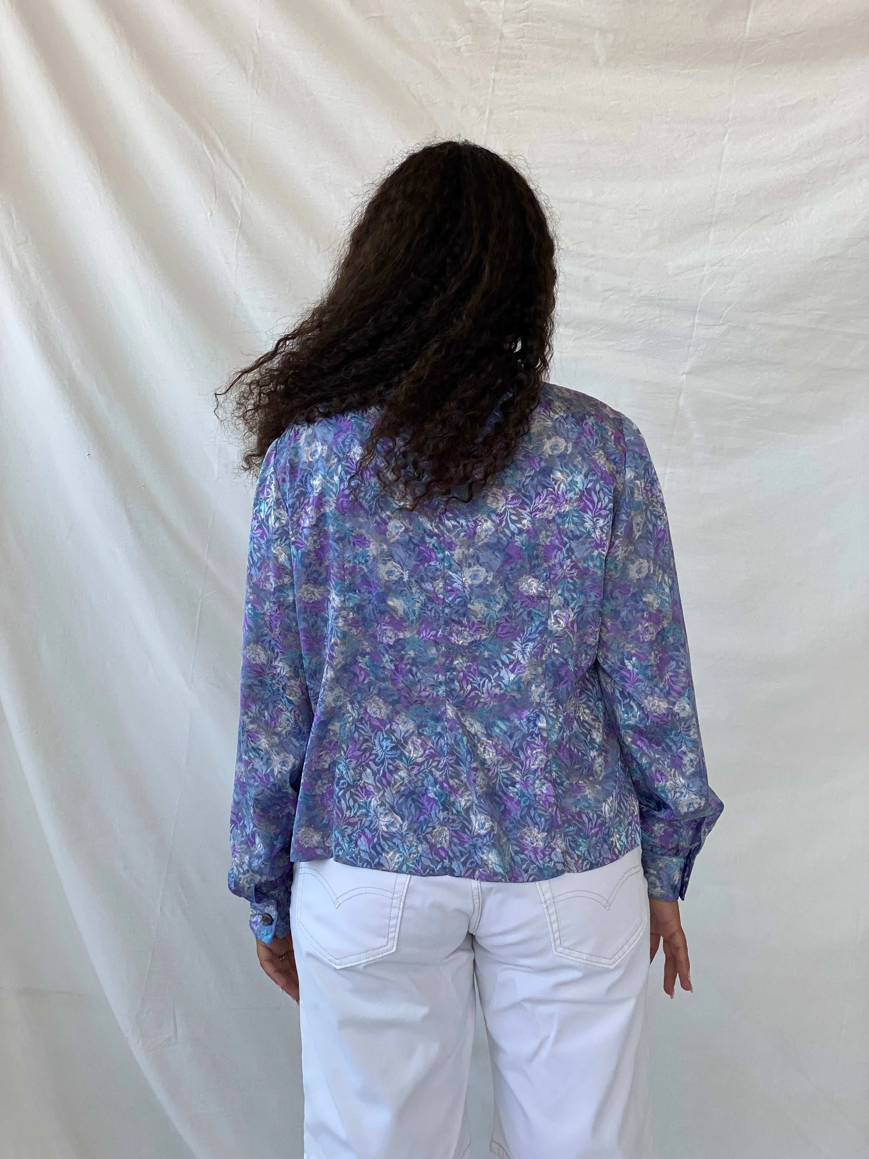 Dreamy Vintage Handmade Blue and Purple Full Sleeve Button Shirt - L - Balagan Vintage Full Sleeve Shirt 00s, 90s, Dina, floral, floral shirt, full sleeve shirt, multicolored, oversized, oversized shirt, printed shirt, women shirt