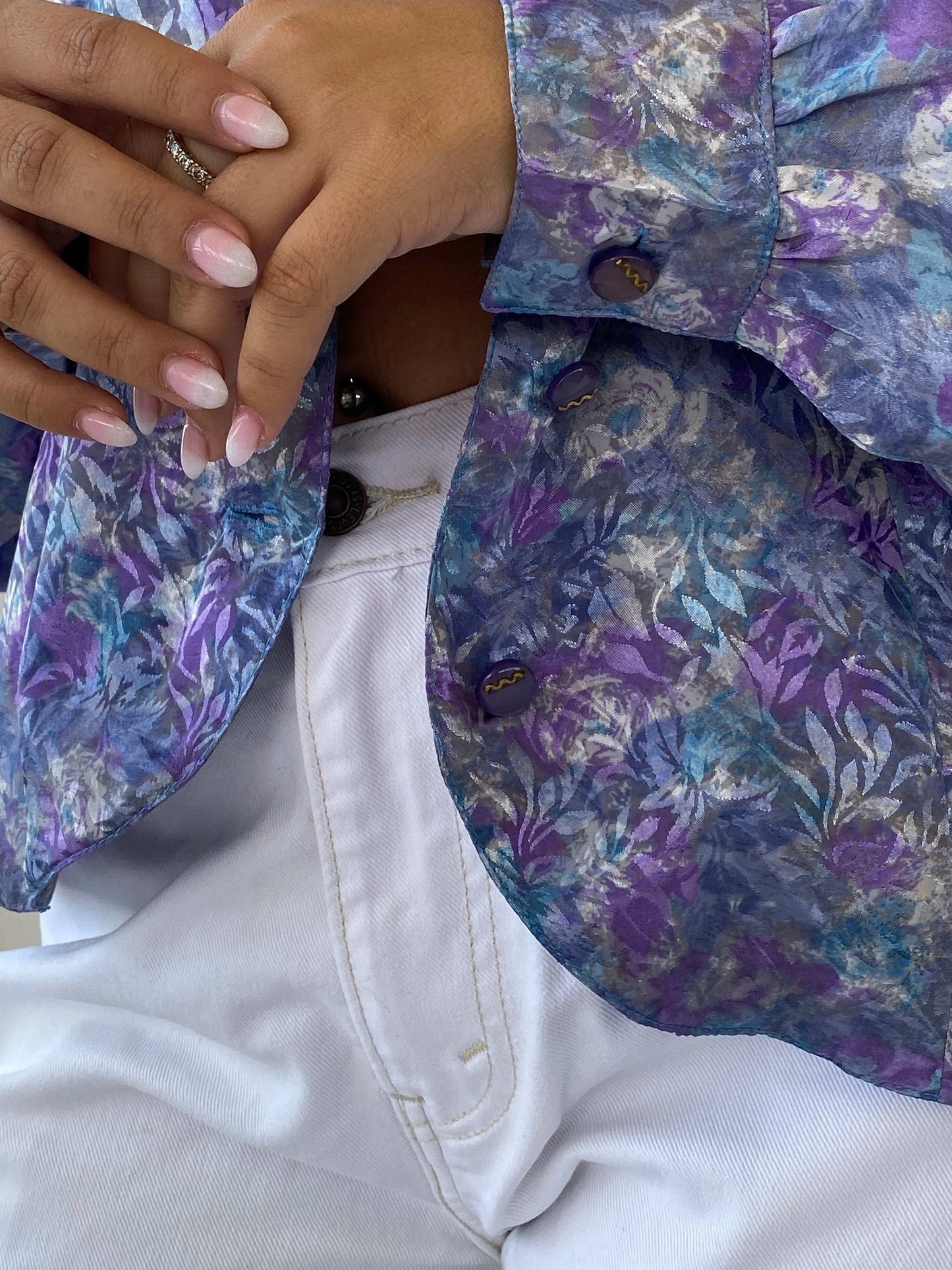 Dreamy Vintage Handmade Blue and Purple Full Sleeve Button Shirt - L - Balagan Vintage Full Sleeve Shirt 00s, 90s, Dina, floral, floral shirt, full sleeve shirt, multicolored, oversized, oversized shirt, printed shirt, women shirt