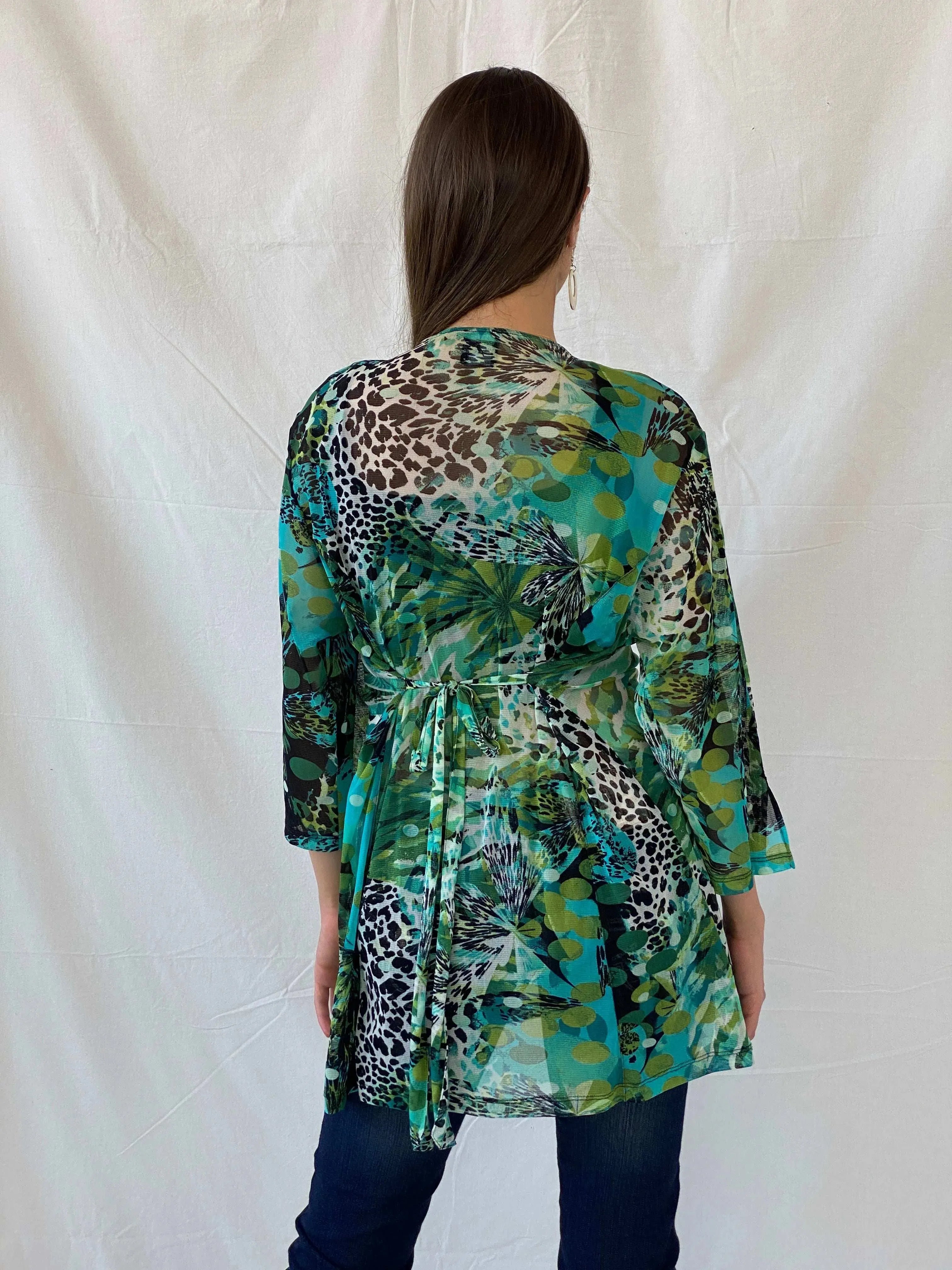 Early 00s Pause Café Tropical Print Mesh Top - L - Balagan Vintage Half Sleeve Top 00s, 90s, Deals, Mira, women top
