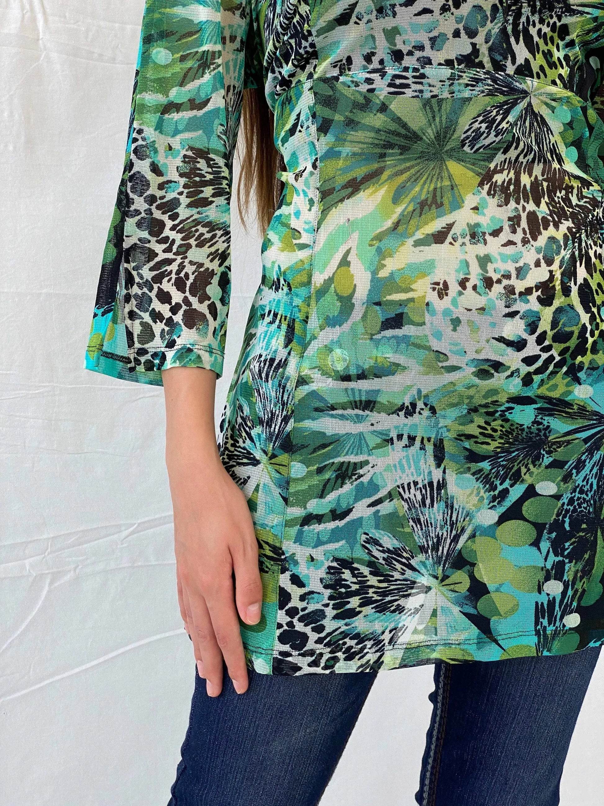 Early 00s Pause Café Tropical Print Mesh Top - L - Balagan Vintage Half Sleeve Top 00s, 90s, Deals, Mira, women top