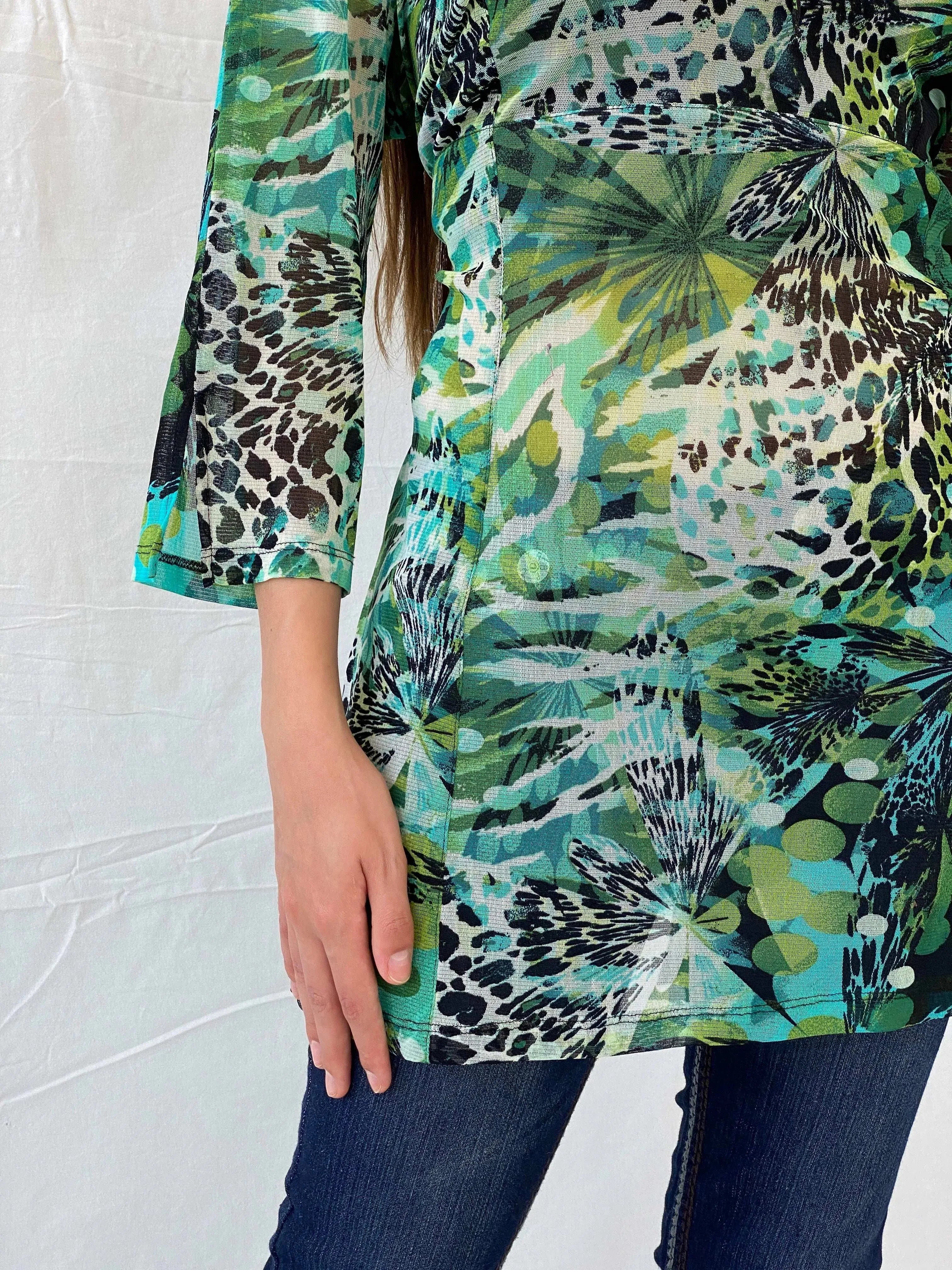 Early 00s Pause Café Tropical Print Mesh Top - L - Balagan Vintage Half Sleeve Top 00s, 90s, Deals, Mira, women top