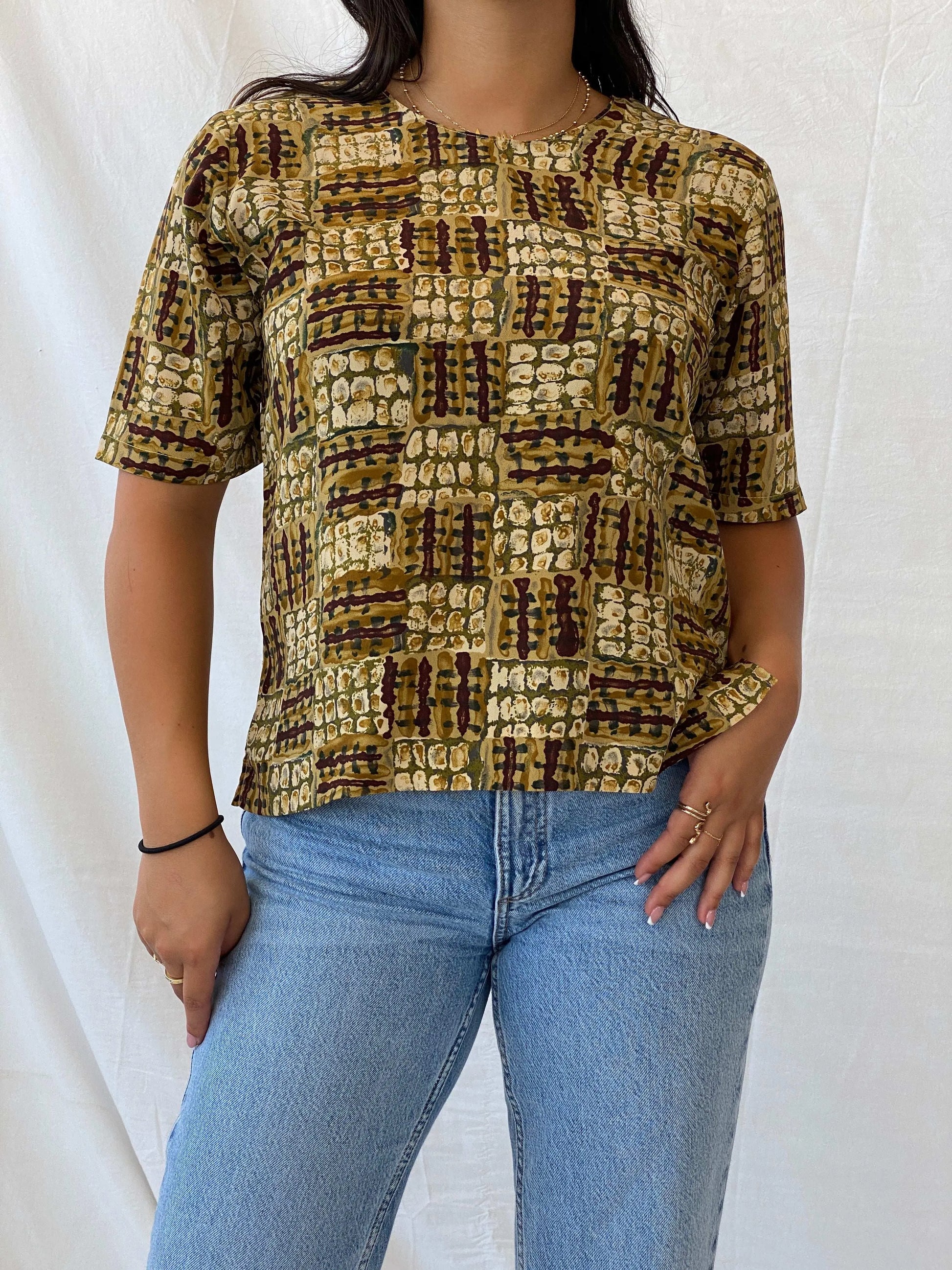 Earth-Tone African Mud Cloth Half-Sleeve Top - M - Balagan Vintage Half Sleeve Top 00s, Lana, summer, Y2K